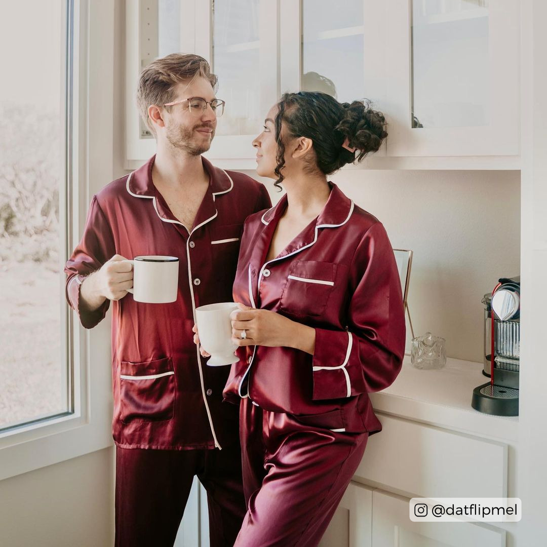 Men's Silk Classic Long Pajama Shirt with Contrast Piping (22 Momme)