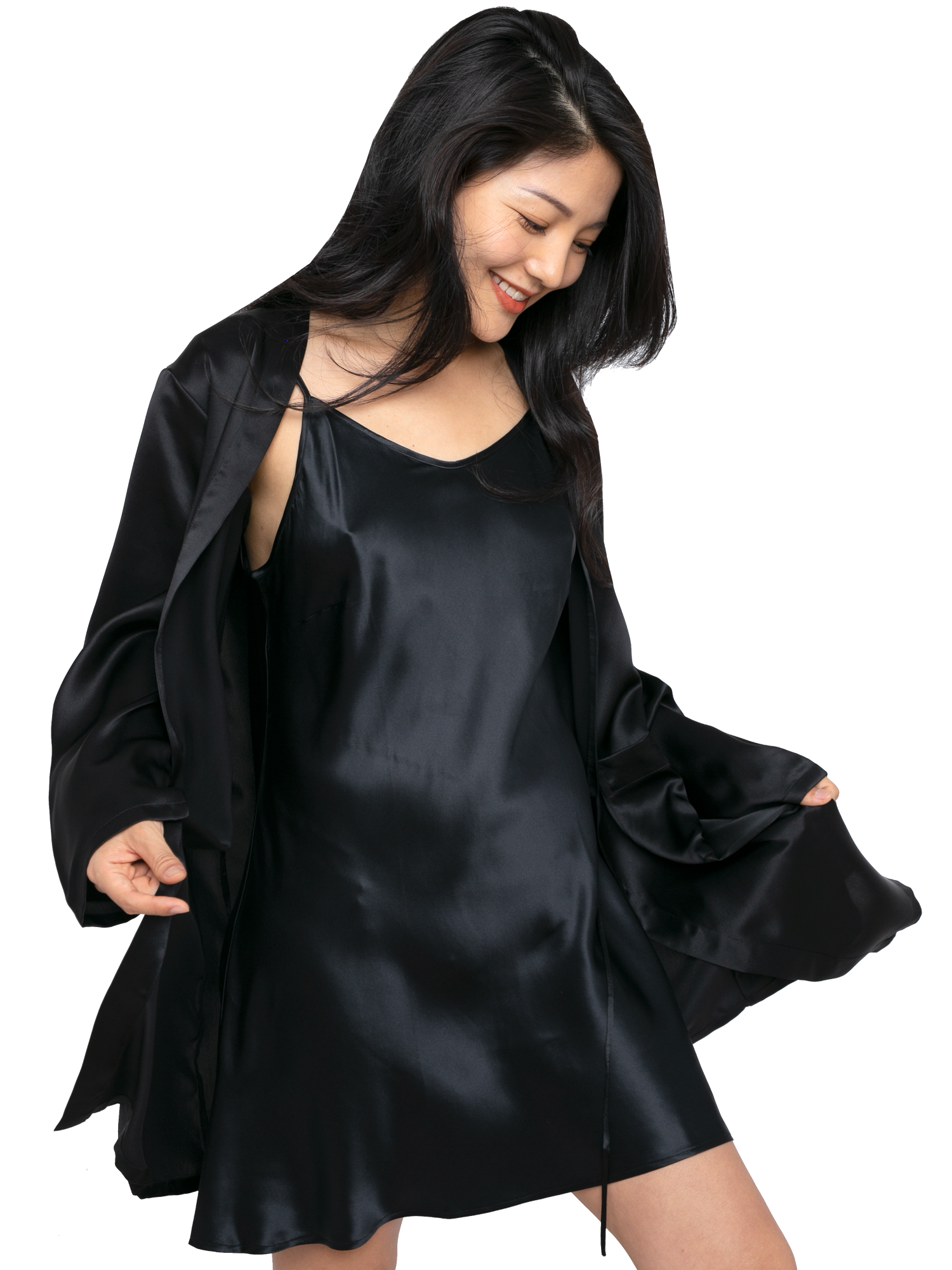 Silk Kimono Style Robe, Mid Length (22 Momme) - MYK Silk #color_black