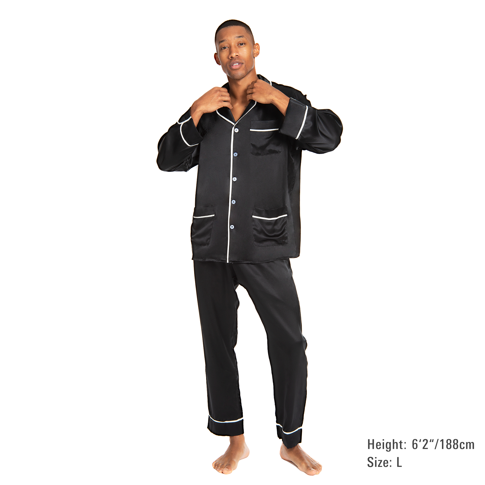 Men's Silk Classic Long Pajama Set with Contrast Piping (2022 Update) - MYK Silk #color_black