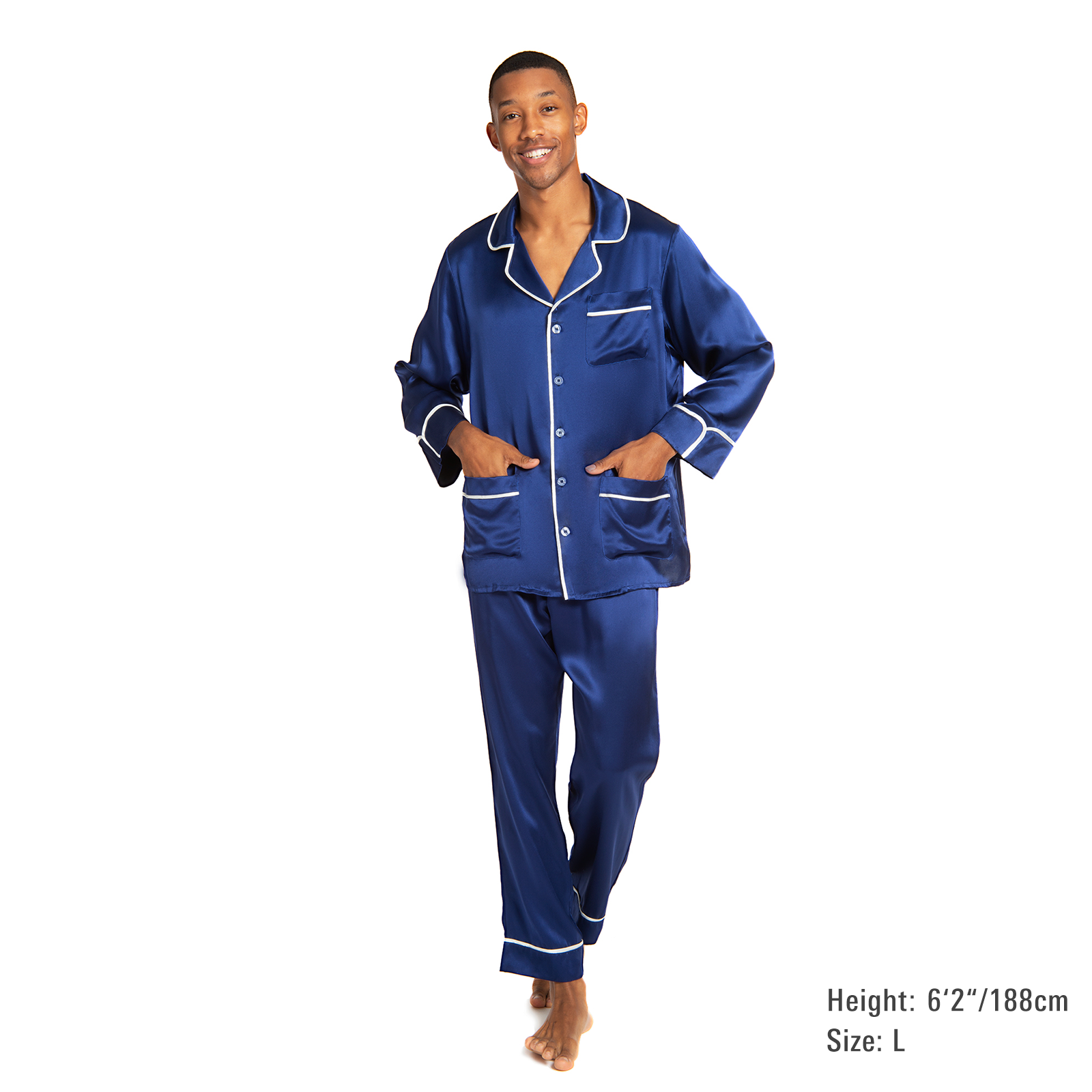Men's Silk Classic Long Pajama Set with Contrast Piping (2022 Update) - MYK Silk #color_navyblue