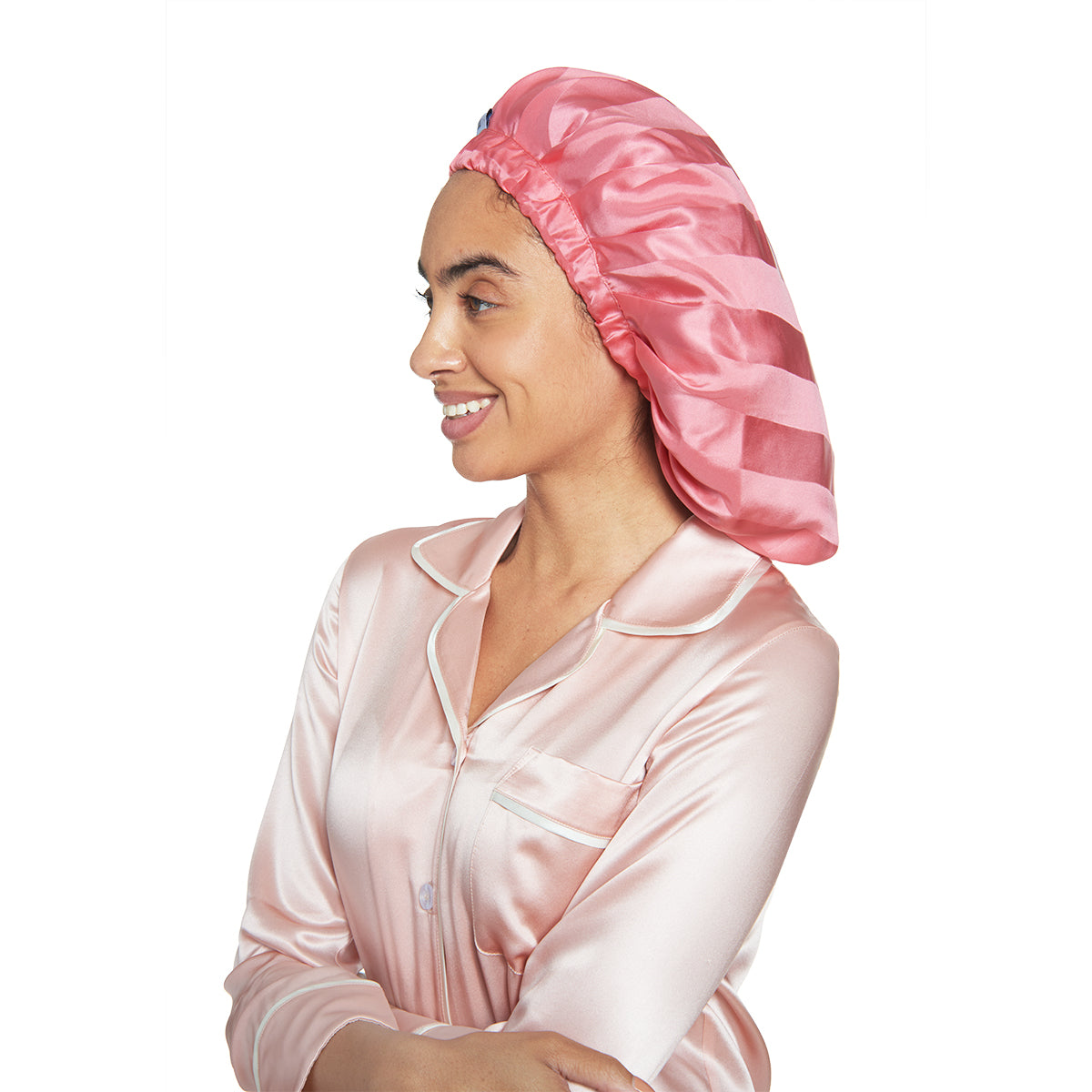 Silk Night Sleeping Cap Bonnet with Comfort Elastic Band - MYK Silk #color_pink stripes
