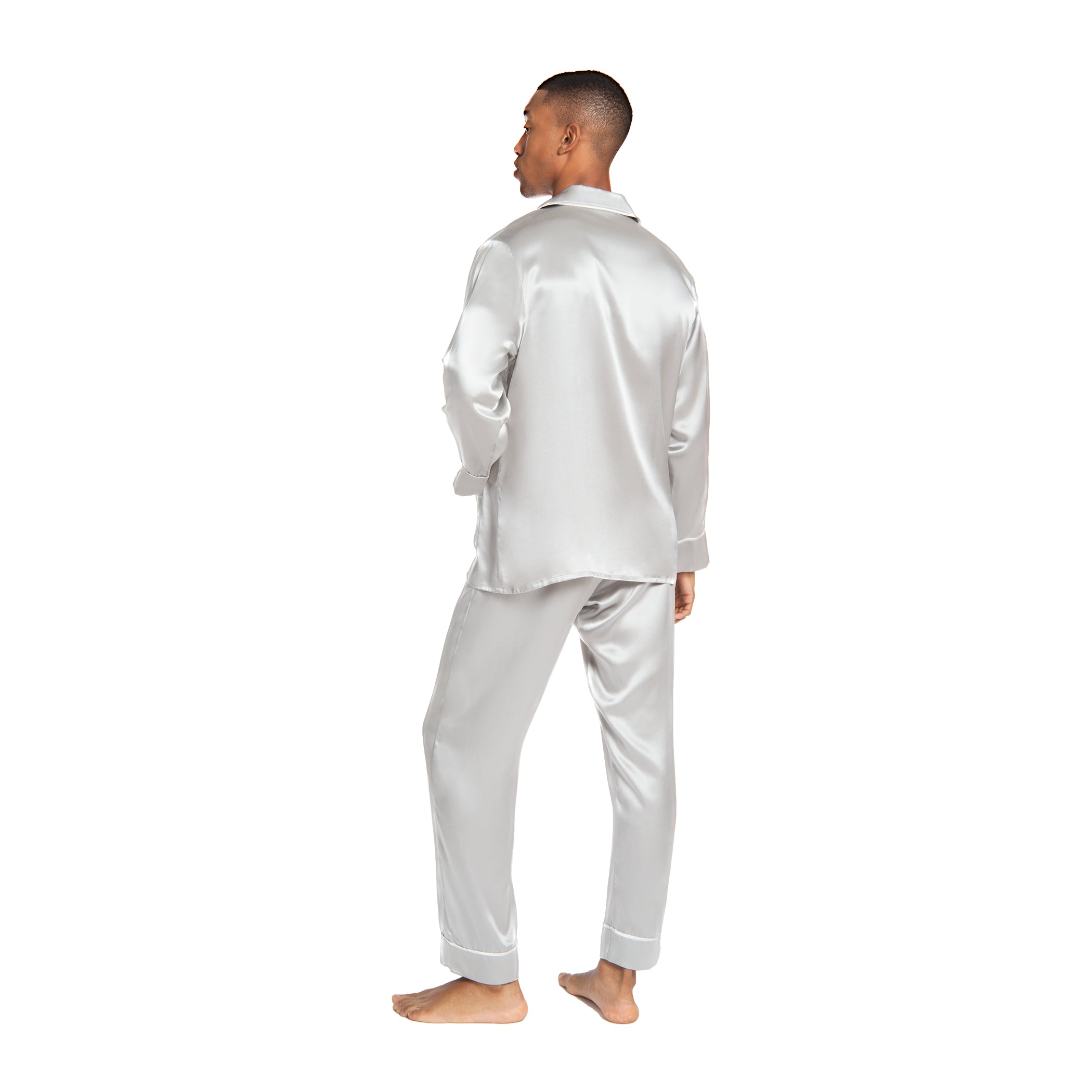 Men's Silk Classic Long Pajama Set with Contrast Piping (2022 Update) - MYK Silk #color_french gre