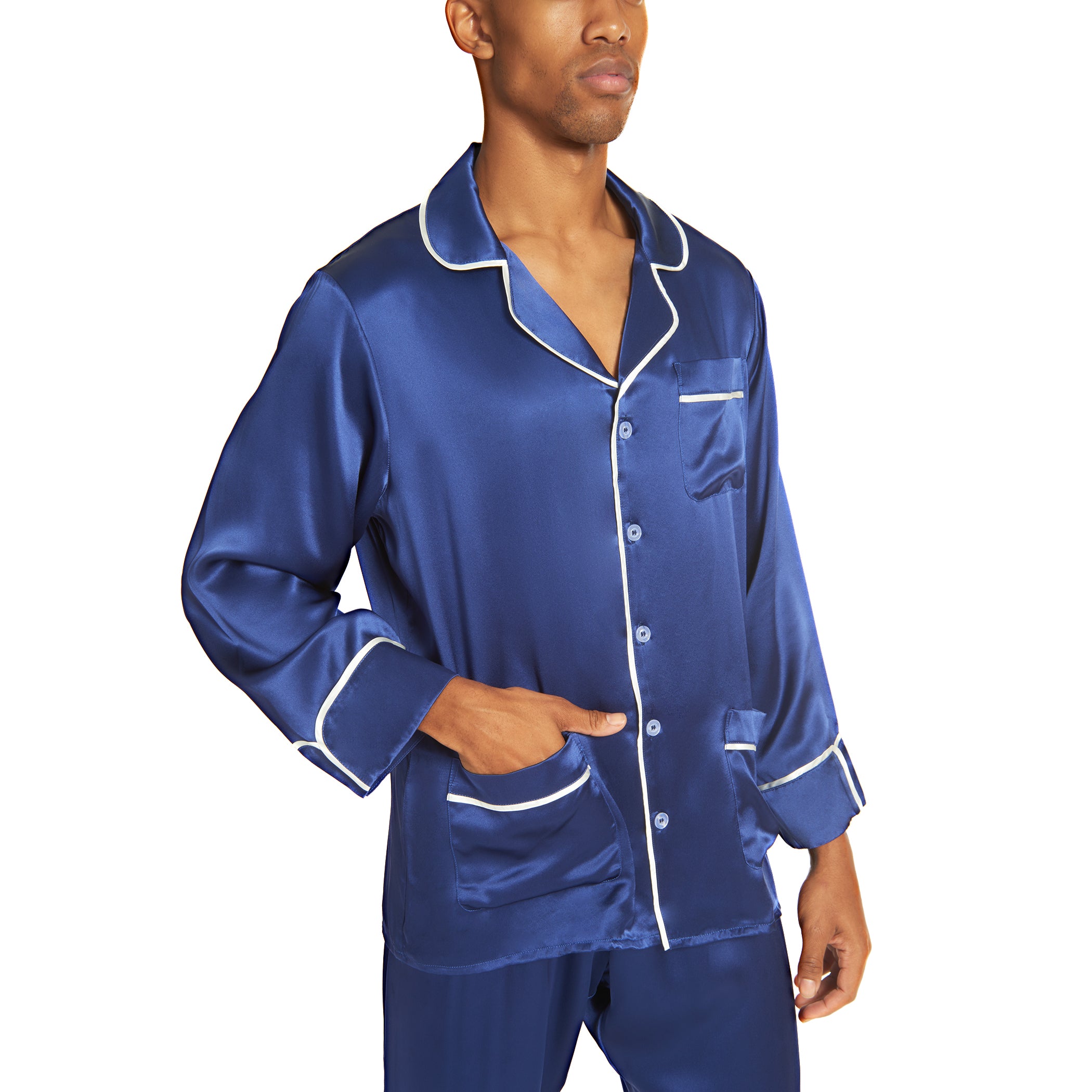 Men's Silk Classic Long Pajama Set with Contrast Piping (2022 Update) - MYK Silk #color_navyblue