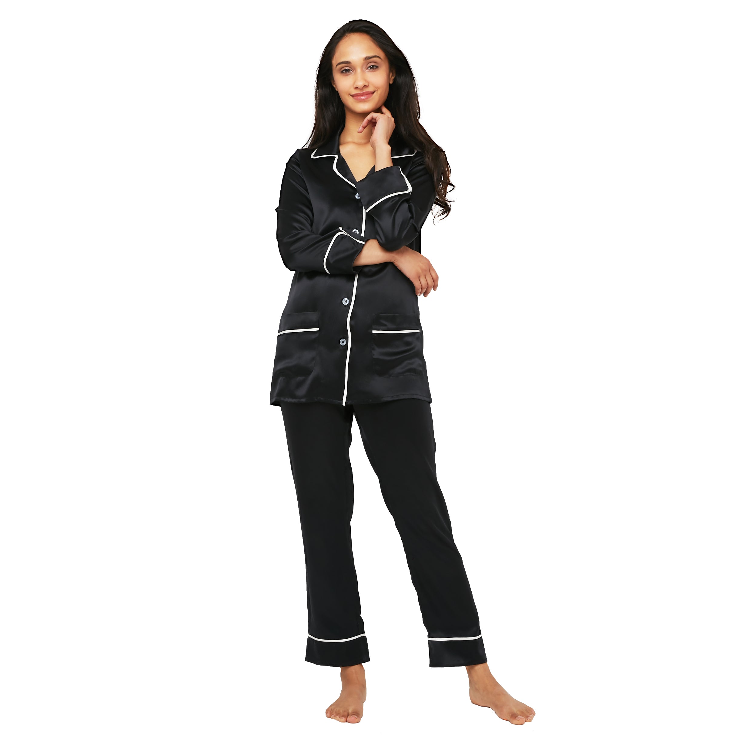 Silk Classic Long Pajama Set with Contrast Piping (22 Momme) - MYK Silk #color_midnight black