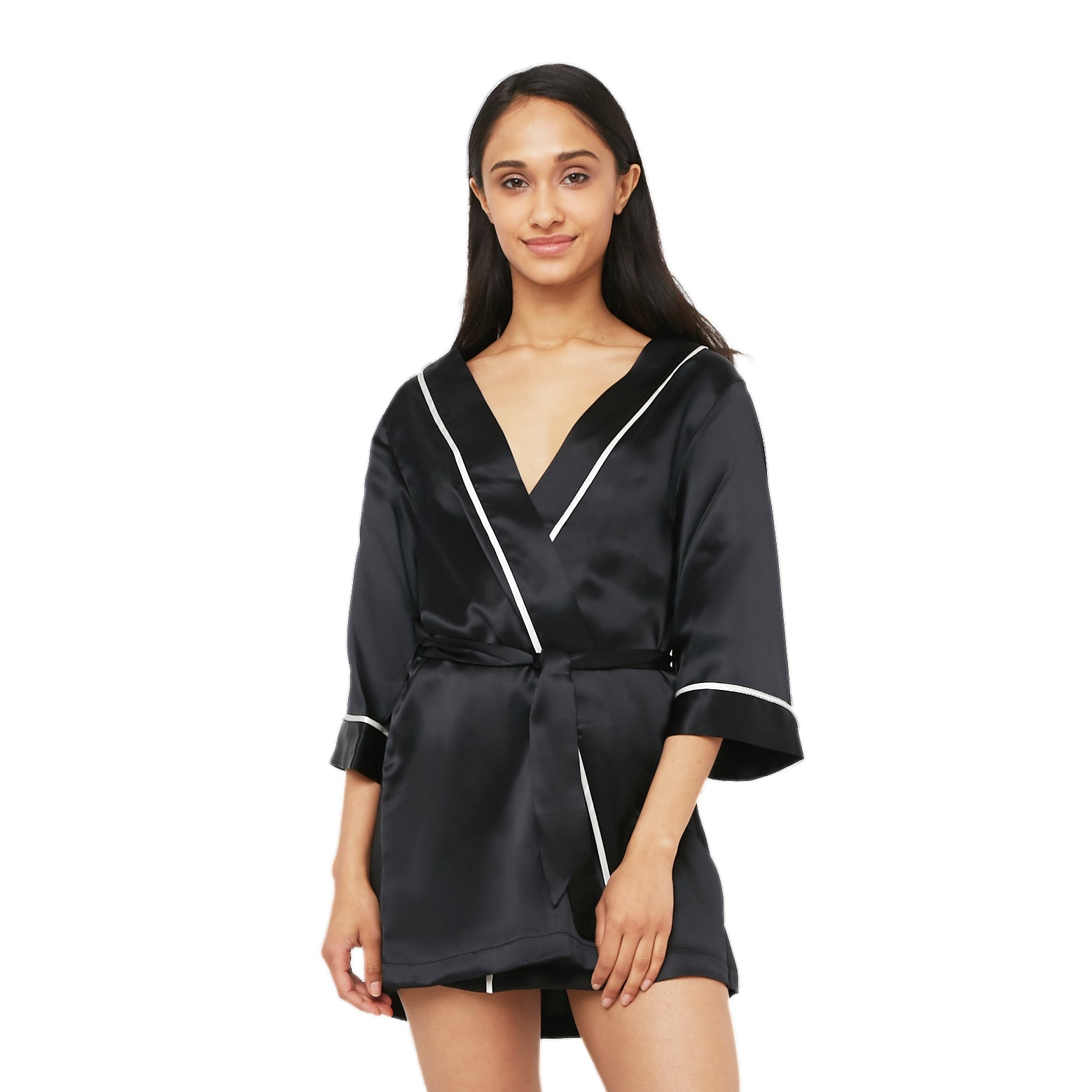 Classic Silk Robe with Contrast Piping - MYK Silk  #style_kimono style #color_midnight black
