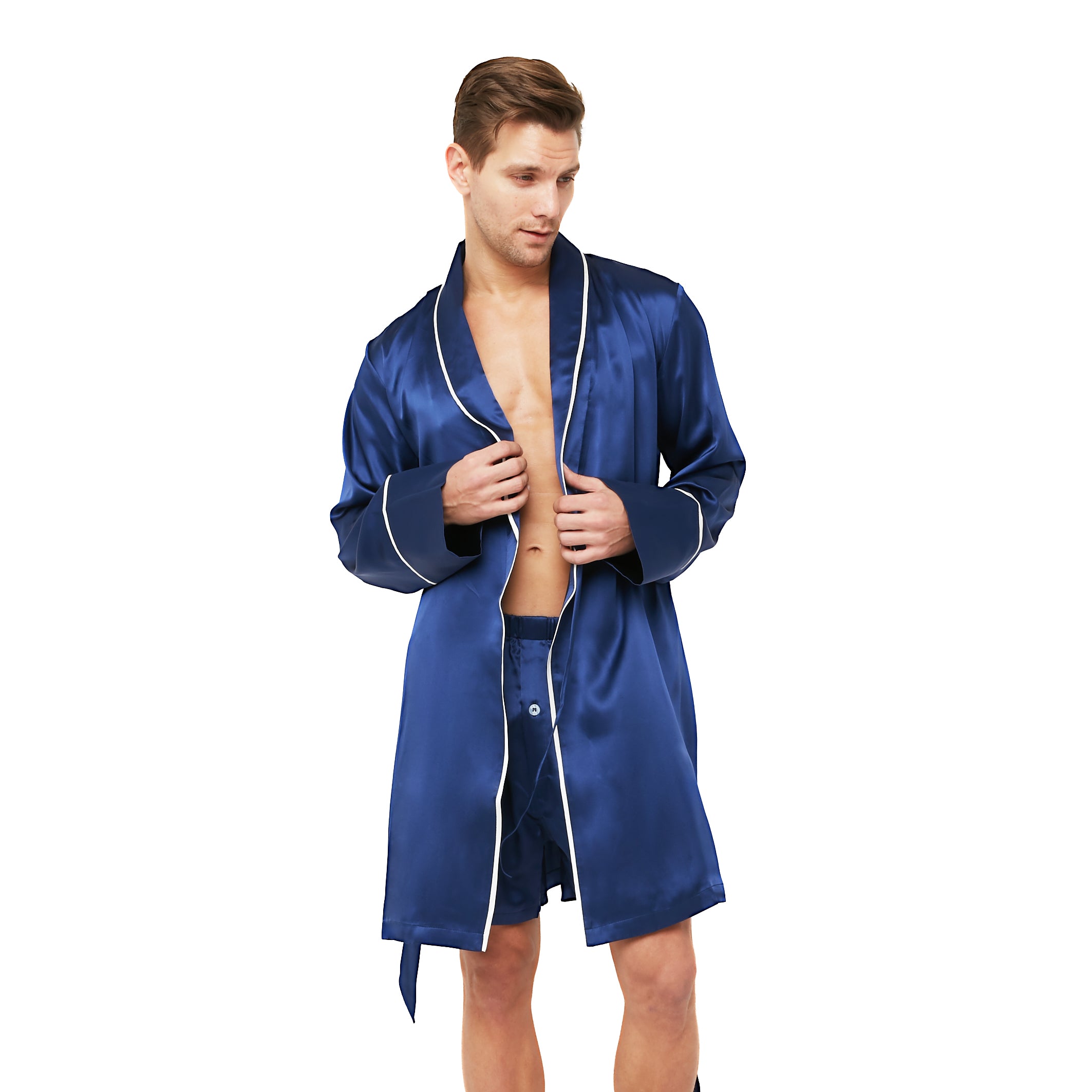 Classic Silk Robe with Shawl Collar Contrast Piping (22 Momme) - MYK Silk #color_navy blue