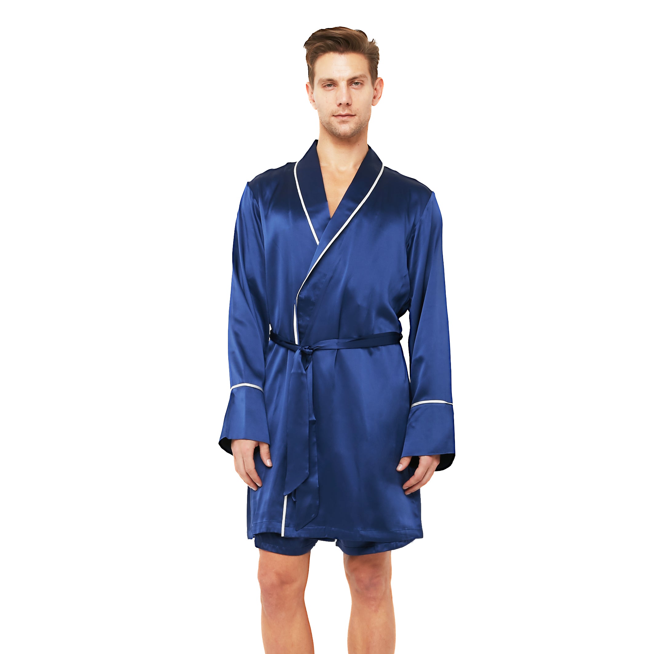 Classic Silk Robe with Shawl Collar Contrast Piping (22 Momme) - MYK Silk #color_navy blue