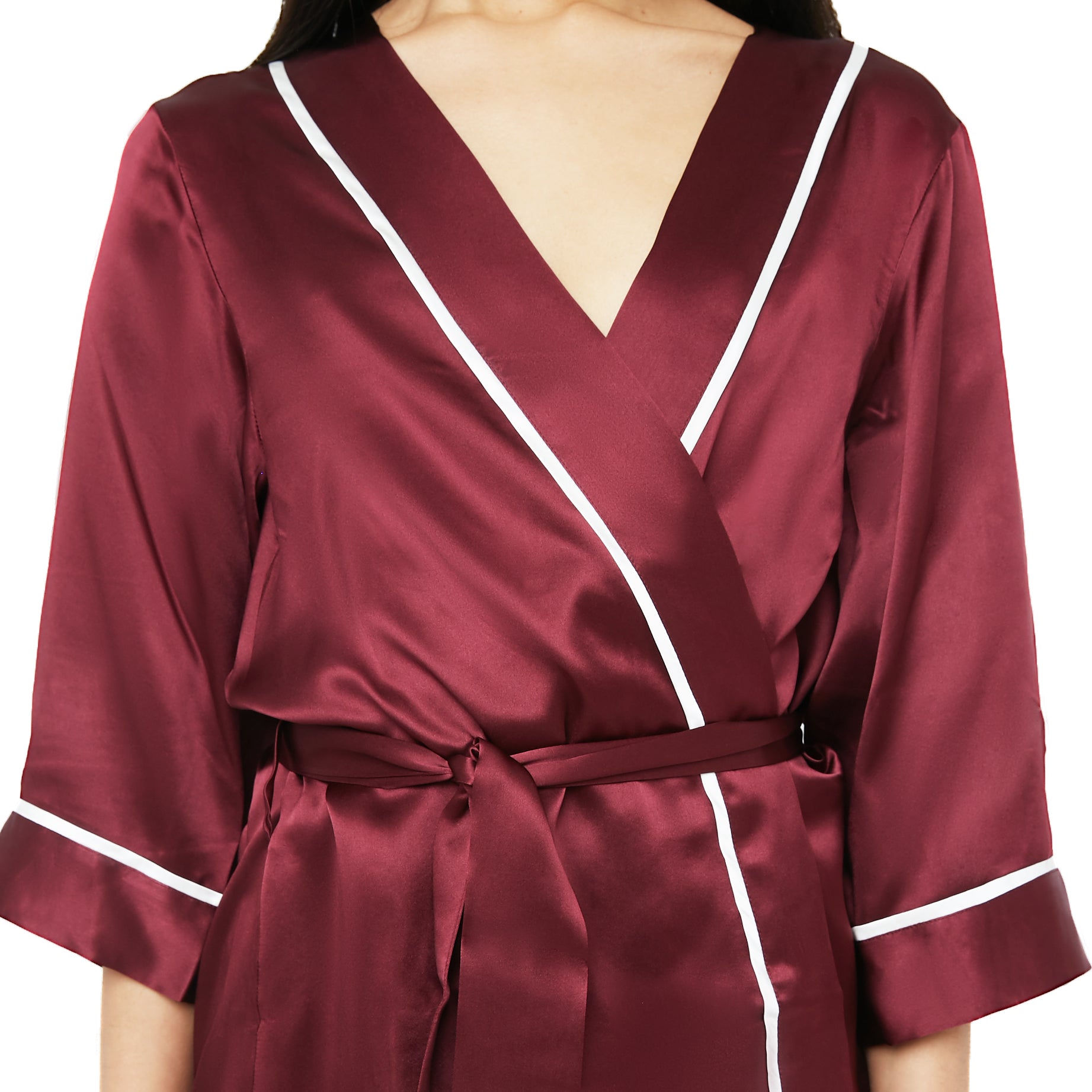 Classic Silk Kimono Styled Robe with Contrast Piping (22 Momme) - MYK Silk #style_kimono style #color_burgundy