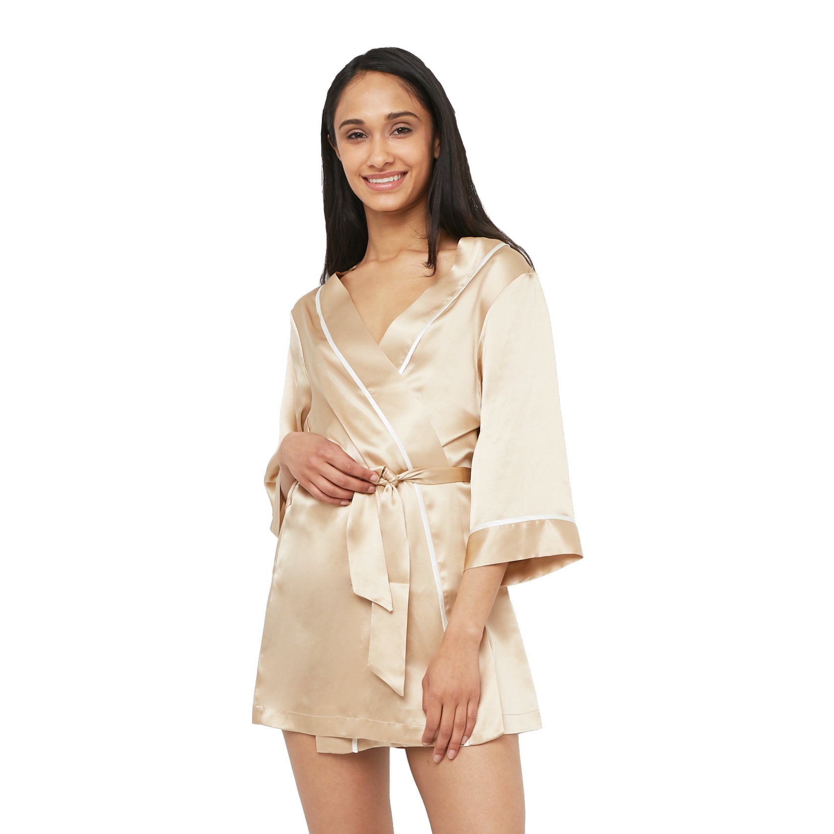 Classic Silk Robe with Contrast Piping - MYK Silk  #style_kimono style #color_champagne