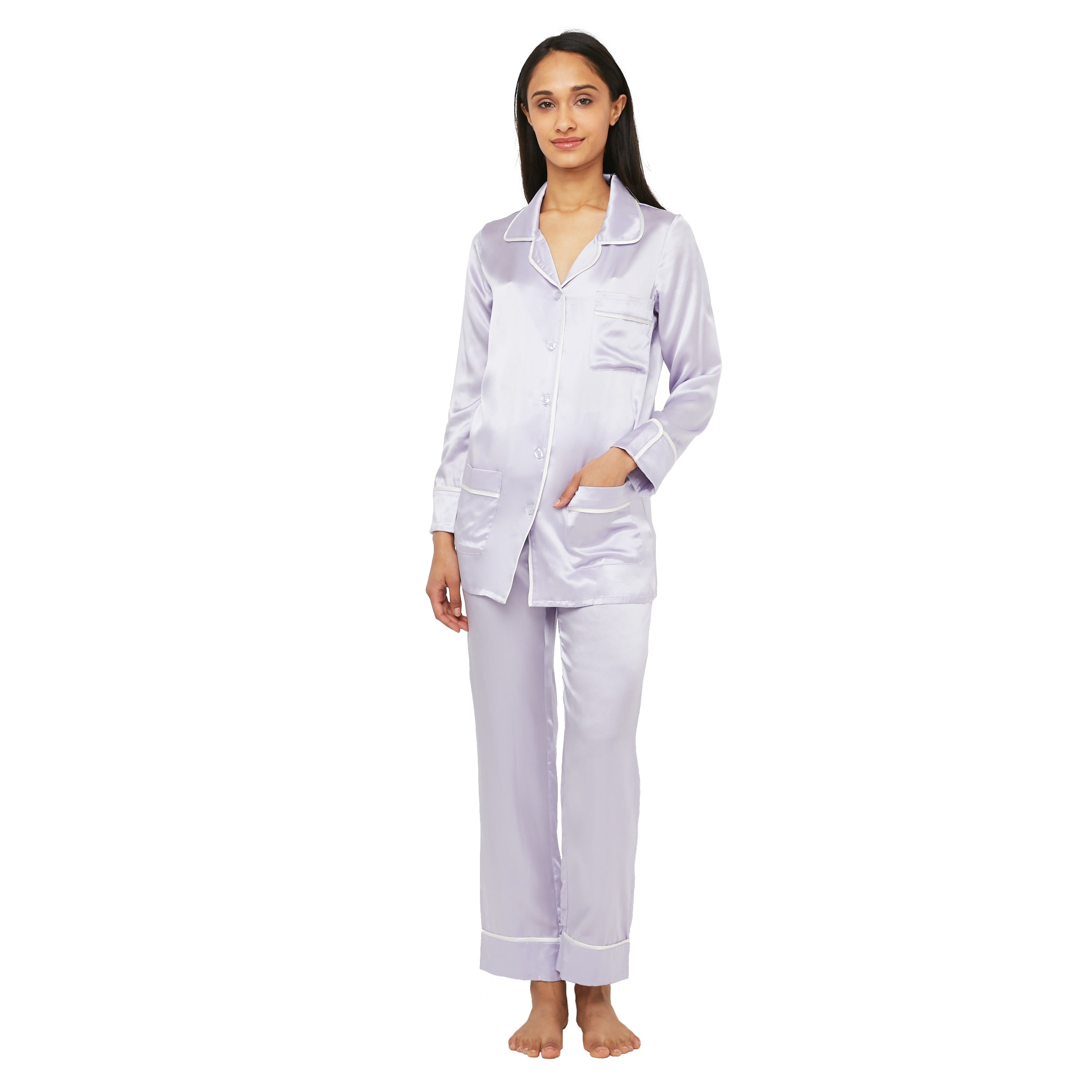 Silk Classic Long Pajama Set with Contrast Piping (22 Momme) - MYK Silk #color_lavender