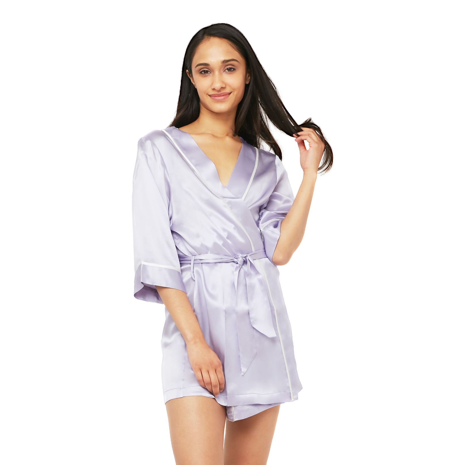 Classic Silk Robe with Contrast Piping - MYK Silk #style_kimono style #style_kimono style #color_lavender