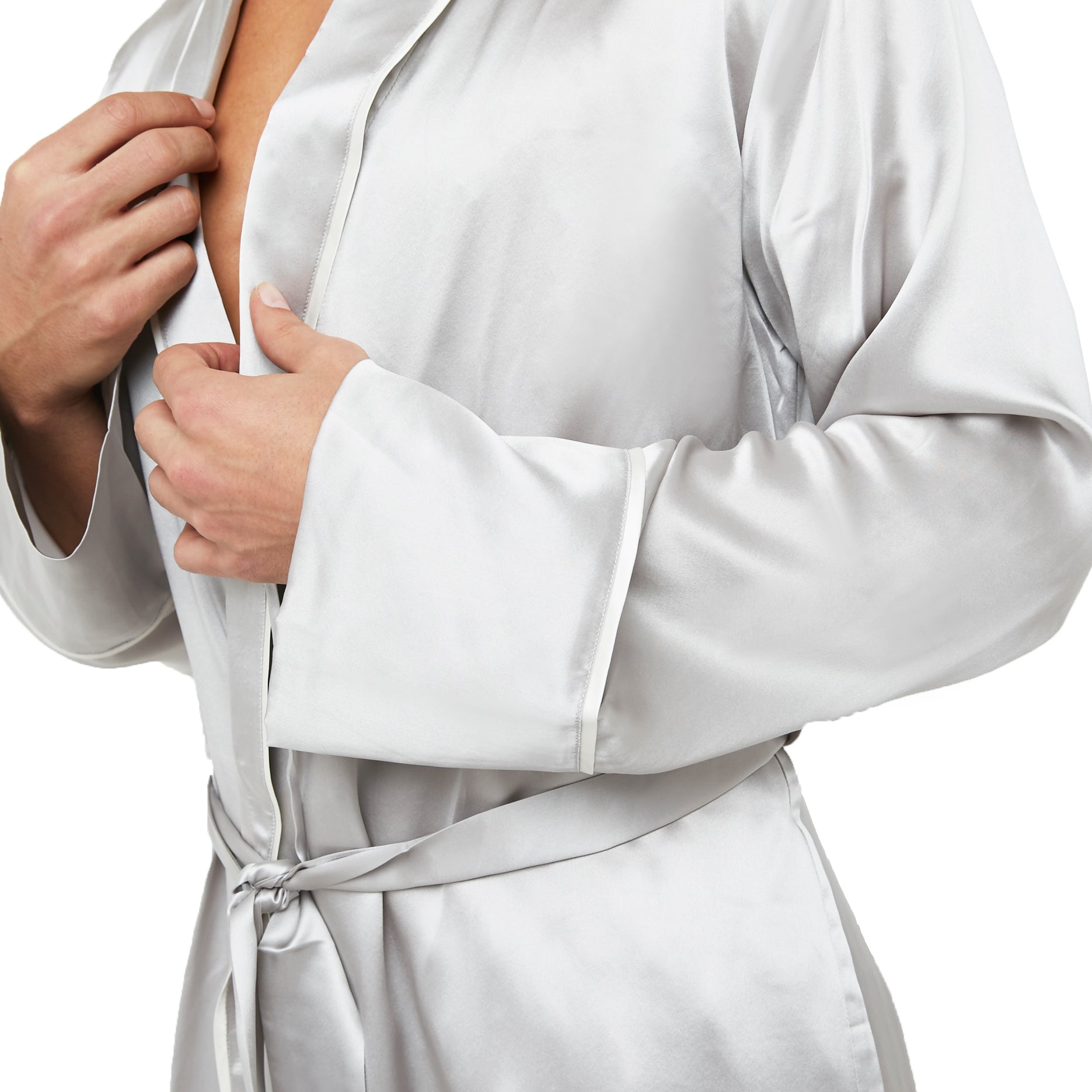 Classic Silk Robe with Shawl Collar Contrast Piping (22 Momme) - MYK Silk #color_french grey