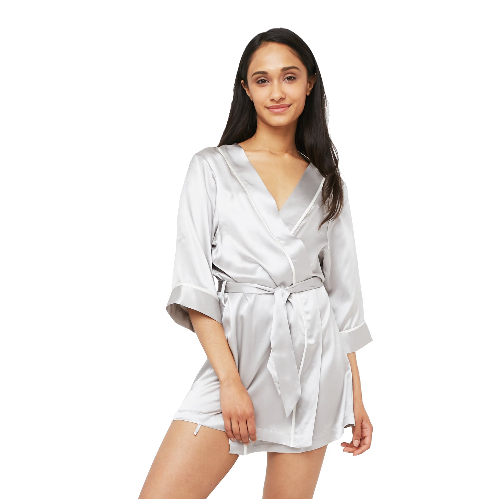 Classic Silk Kimono Styled Robe with Contrast Piping (22 Momme) - MYK Silk  #style_kimono style #color_french grey