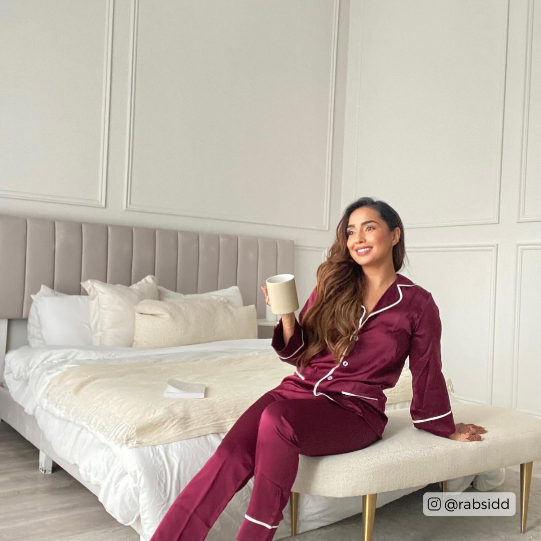 Silk Classic Long Pajama Set with Contrast Piping (Clearance)