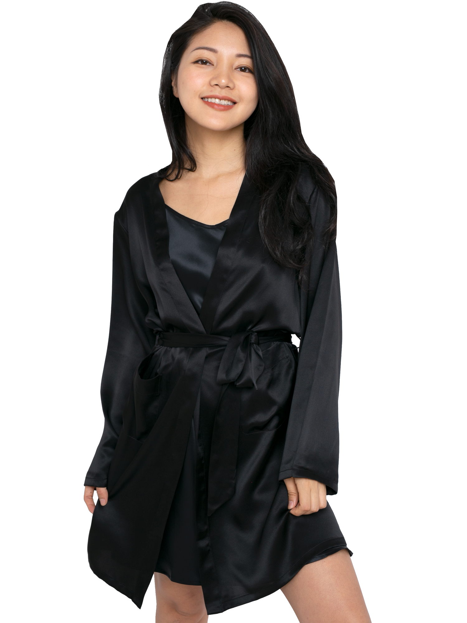 Silk Kimono Style Robe, Mid Length (22 Momme) - MYK Silk #color_black