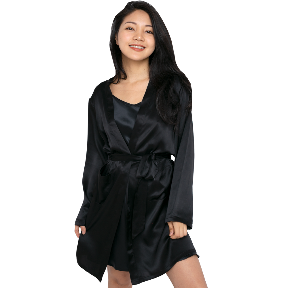 Silk Robe and Mini Slip Set (22 Momme) - MYK Silk #color_midnight black