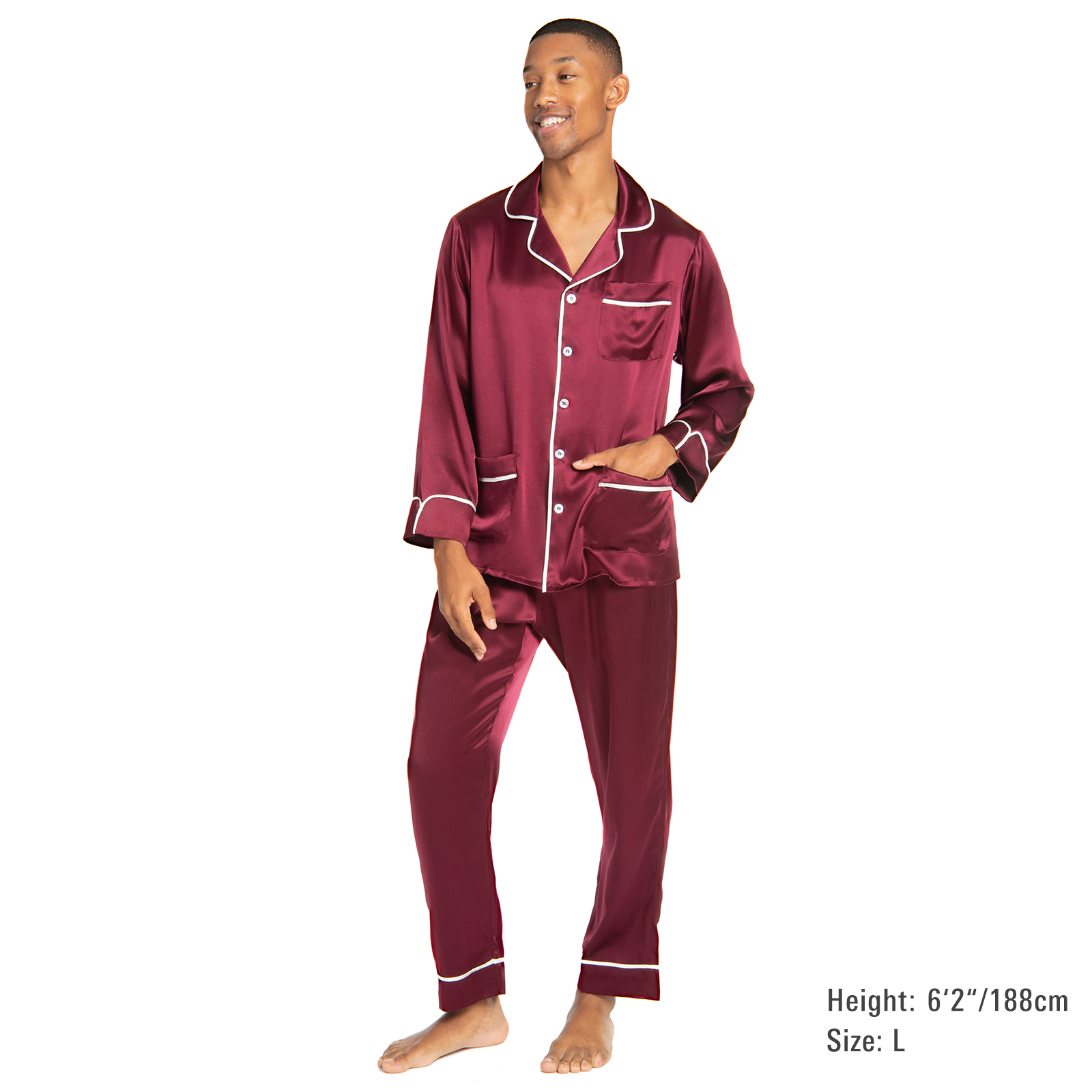 Men's Silk Classic Long Pajama Set with Contrast Piping (2022 Update) - MYK Silk #color_burgund