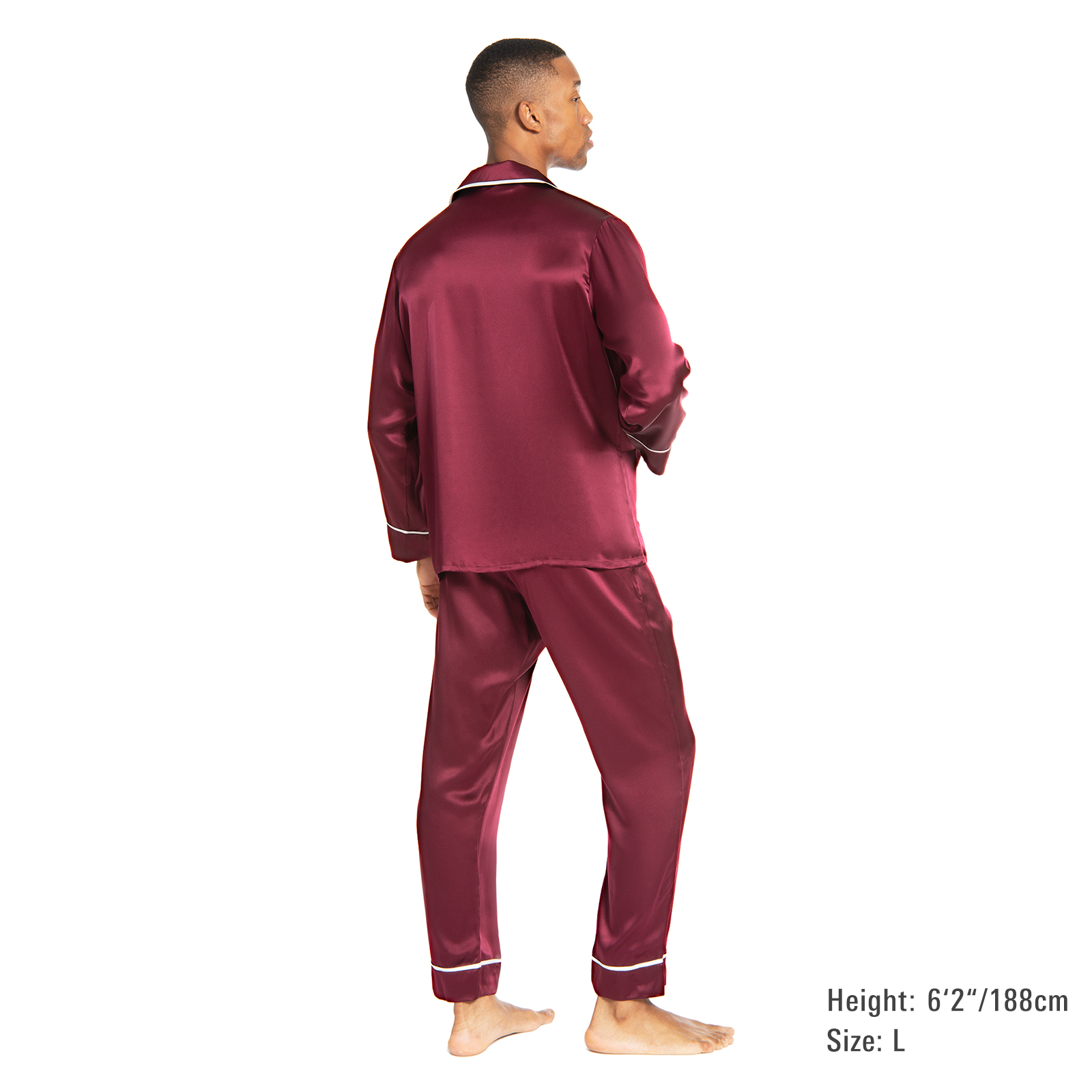 Men's Silk Classic Long Pajama Set with Contrast Piping (2022 Update) - MYK Silk #color_burgundy