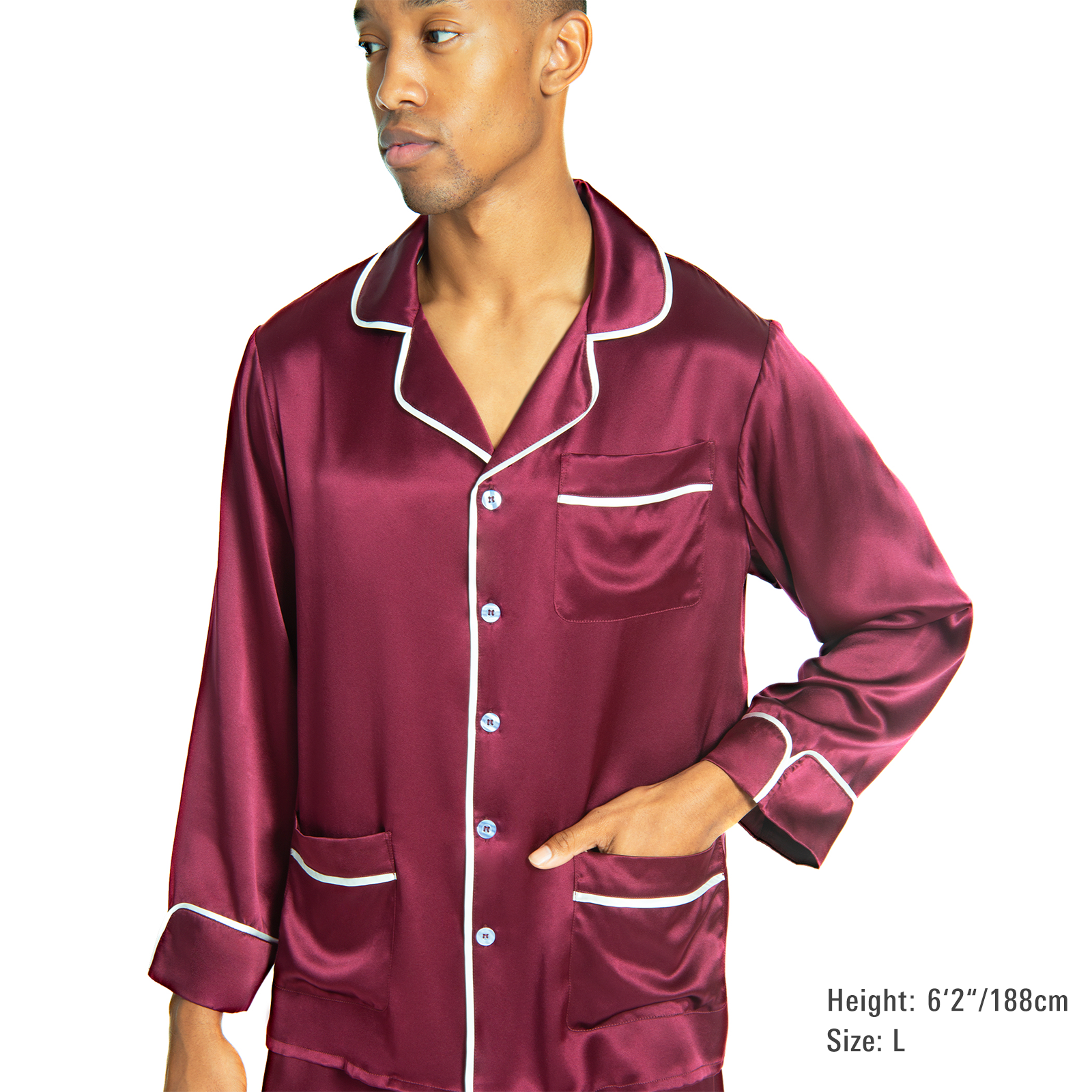 Men's Silk Classic Long Pajama Set with Contrast Piping (2022 Update) - MYK Silk #color_burgundy