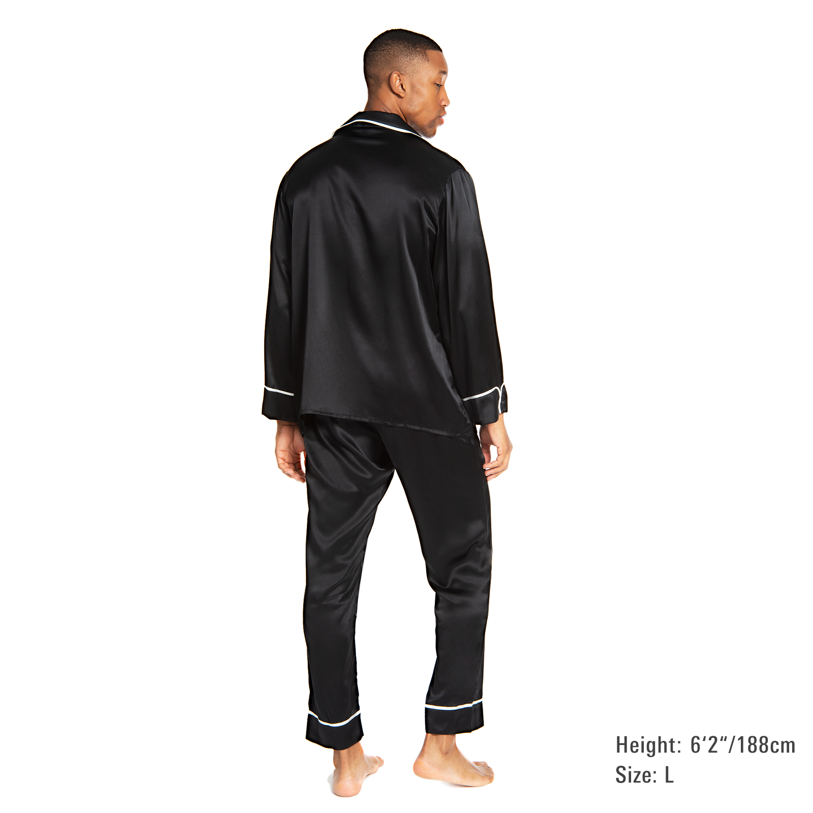 Men's Silk Classic Long Pajama Set with Contrast Piping (2022 Update) - MYK Silk #color_midnight black