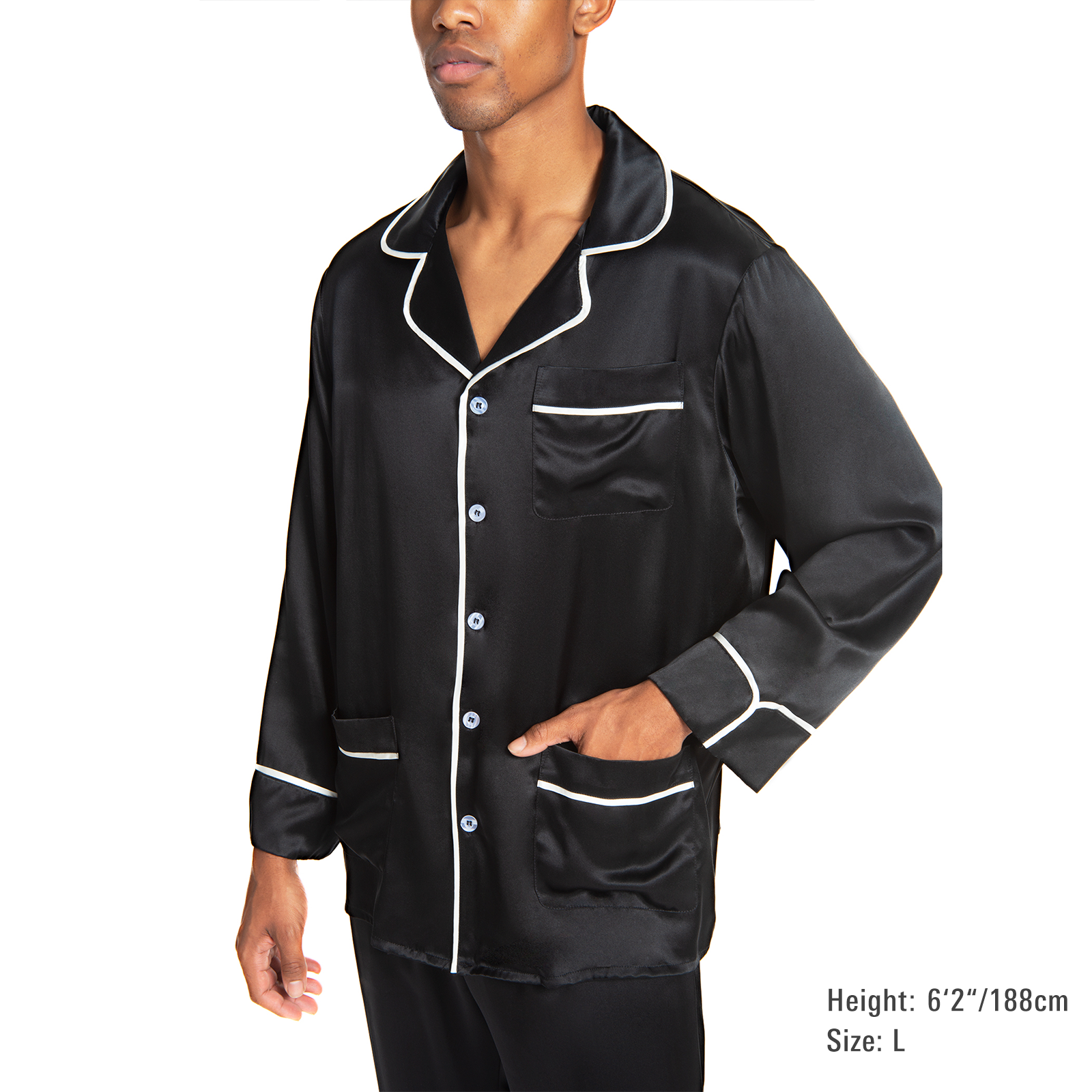 Men's Silk Classic Long Pajama Set with Contrast Piping (2022 Update) - MYK Silk #color_midnight black