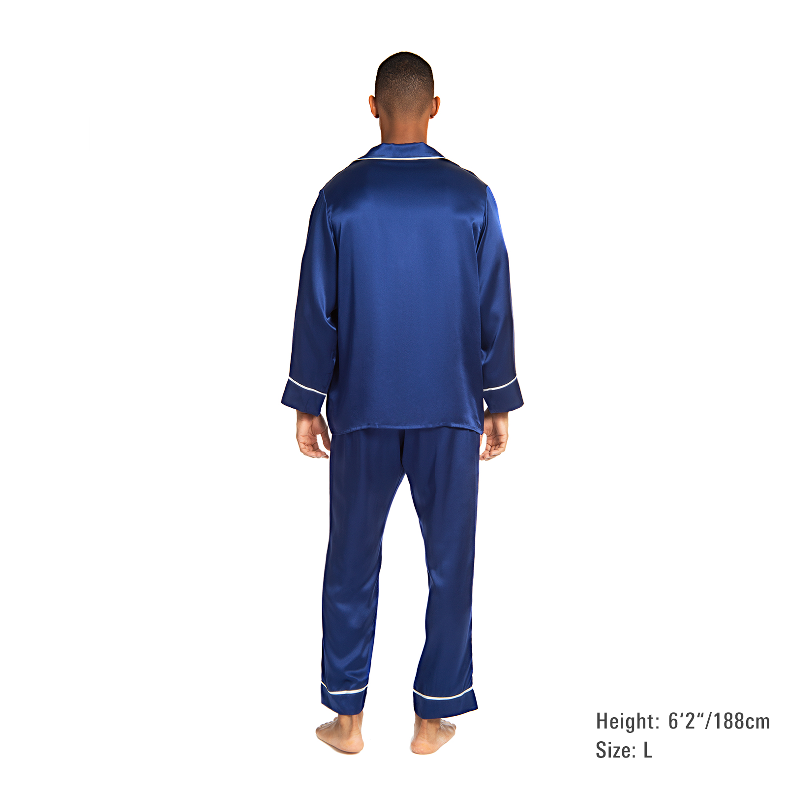 Men's Silk Classic Long Pajama Set with Contrast Piping (2022 Update) - MYK Silk #color_navy blue