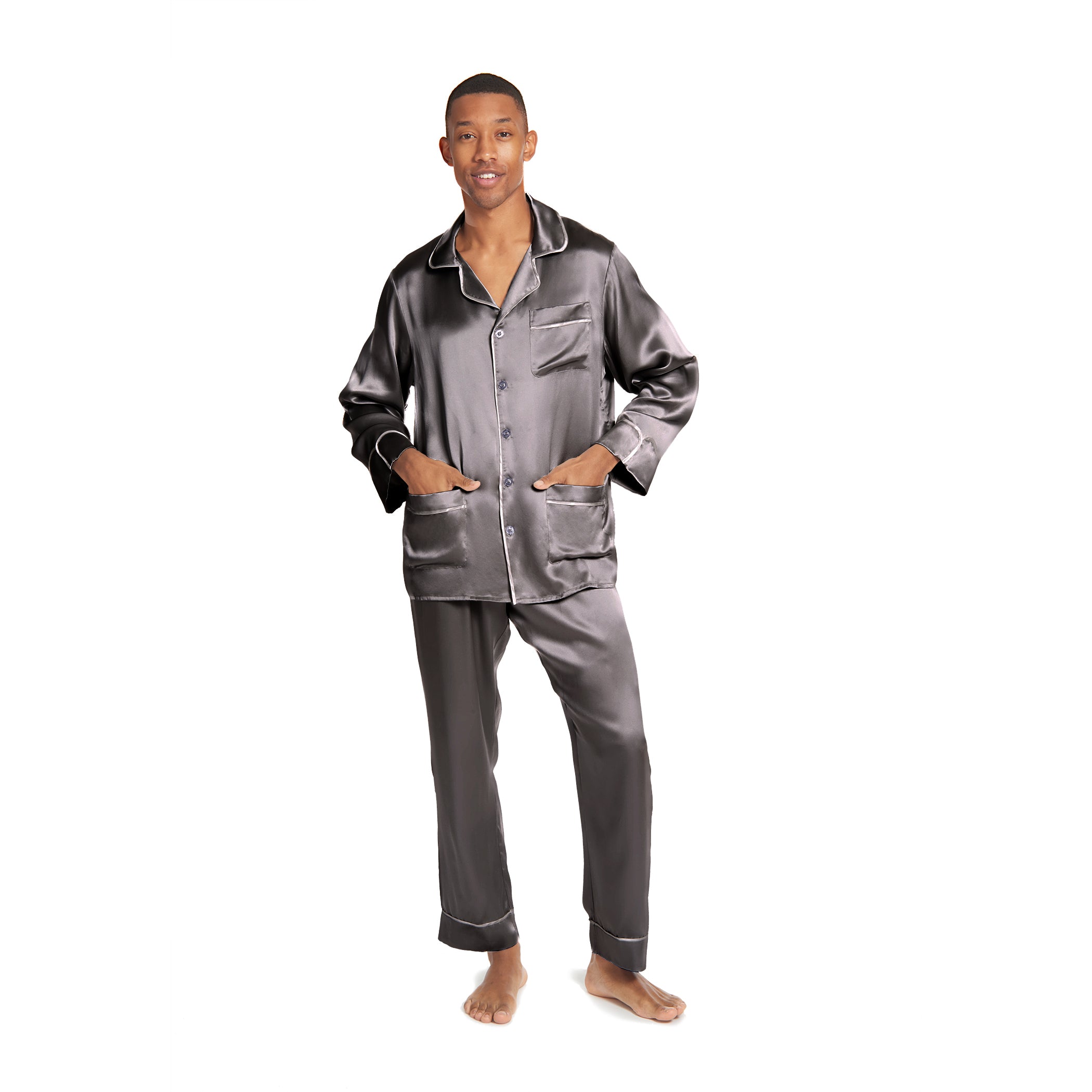 Men's Silk Classic Long Pajama Set with Contrast Piping (2022 Update) - MYK Silk #color_charcoal grey