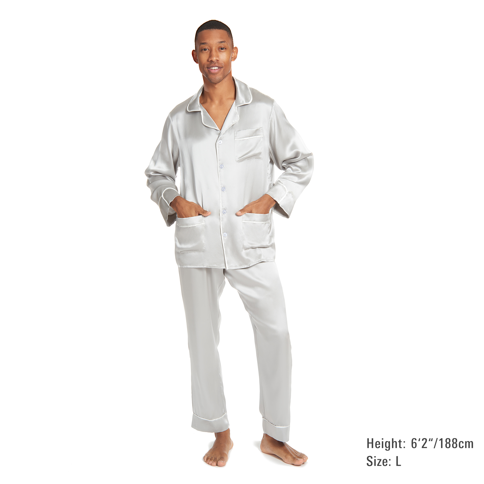 Men's Silk Classic Long Pajama Set with Contrast Piping (2022 Update) - MYK Silk #color_frenchgrey