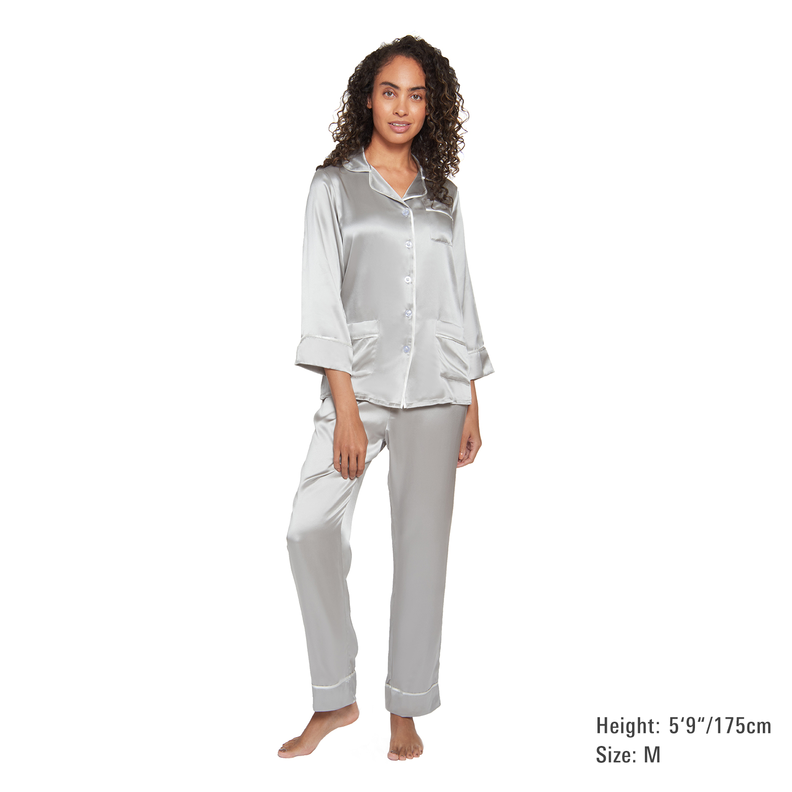 Silk Classic Long Pajama Set with Contrast Piping (22 Momme) - MYK Silk #color_french grey