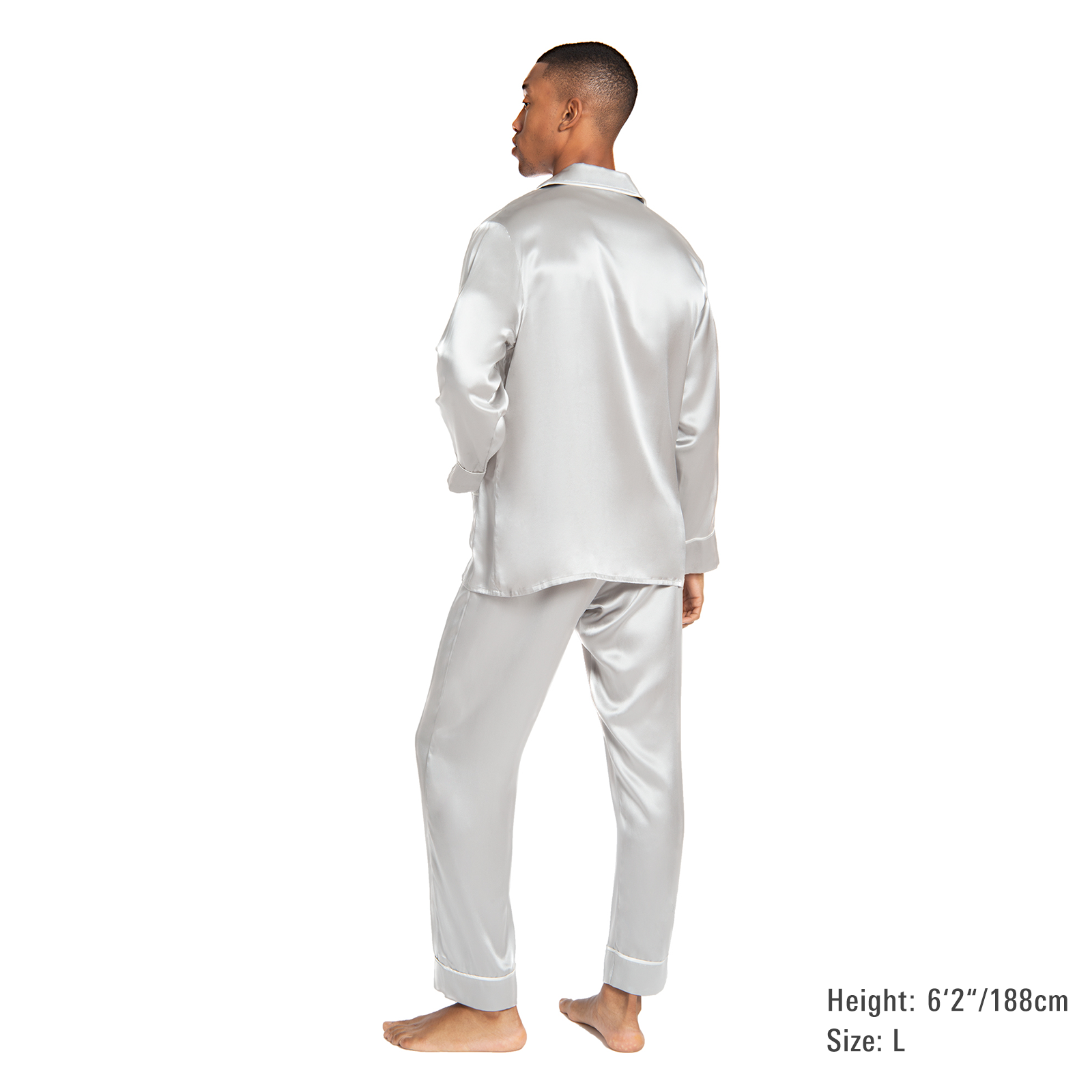 Men's Silk Classic Long Pajama Set with Contrast Piping (2022 Update) - MYK Silk #color_french grey