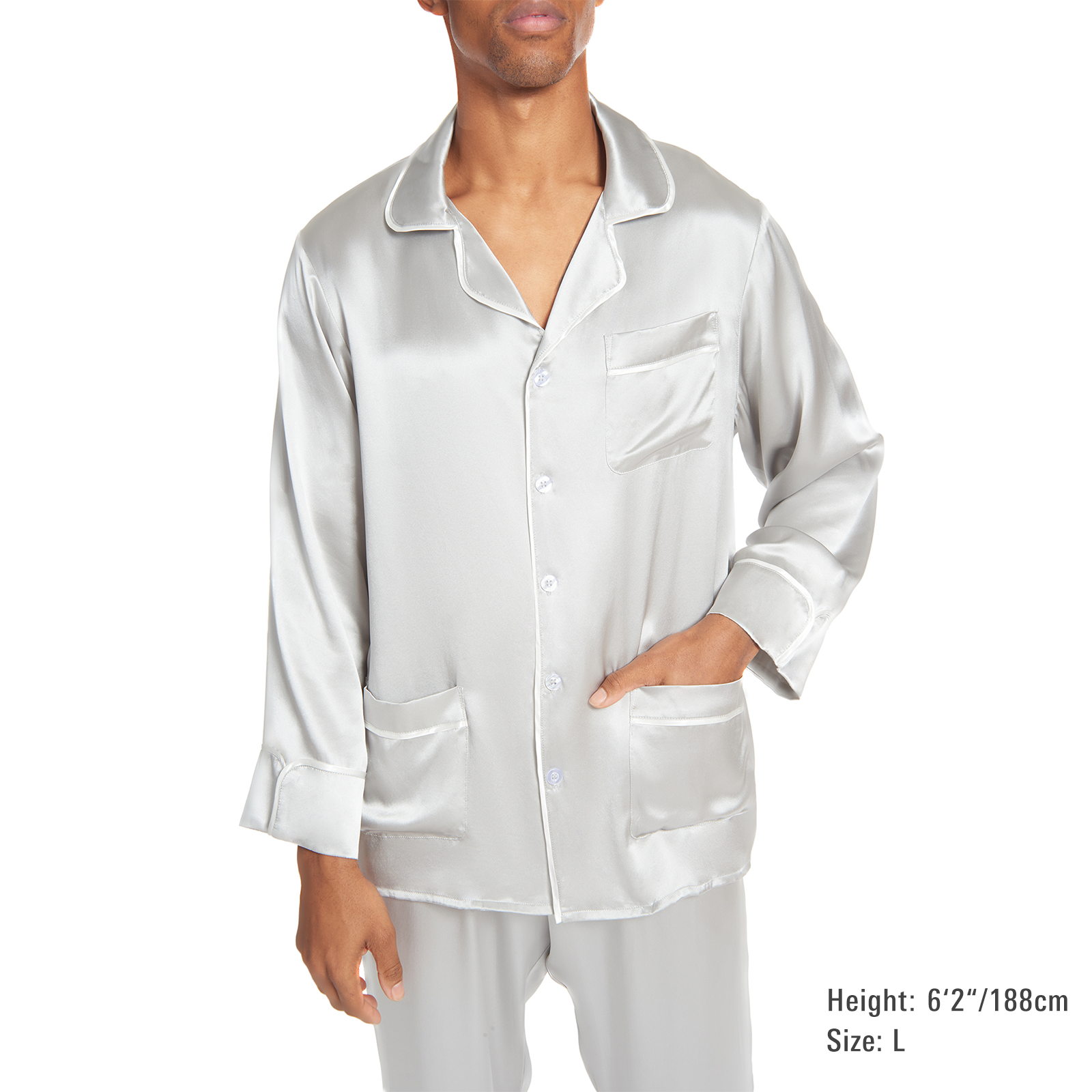 Men's Silk Classic Long Pajama Set with Contrast Piping (2022 Update) - MYK Silk #color_french grey