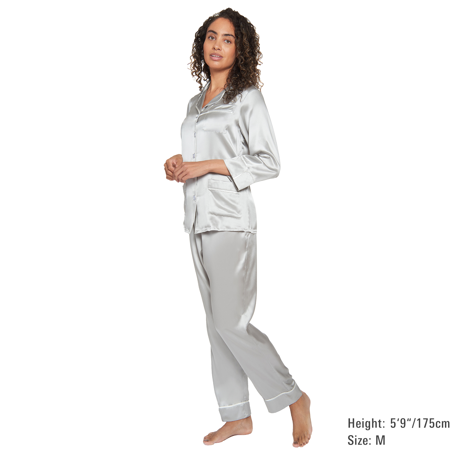 Silk Classic Long Pajama Set with Contrast Piping (22 Momme) - MYK Silk #color_french grey