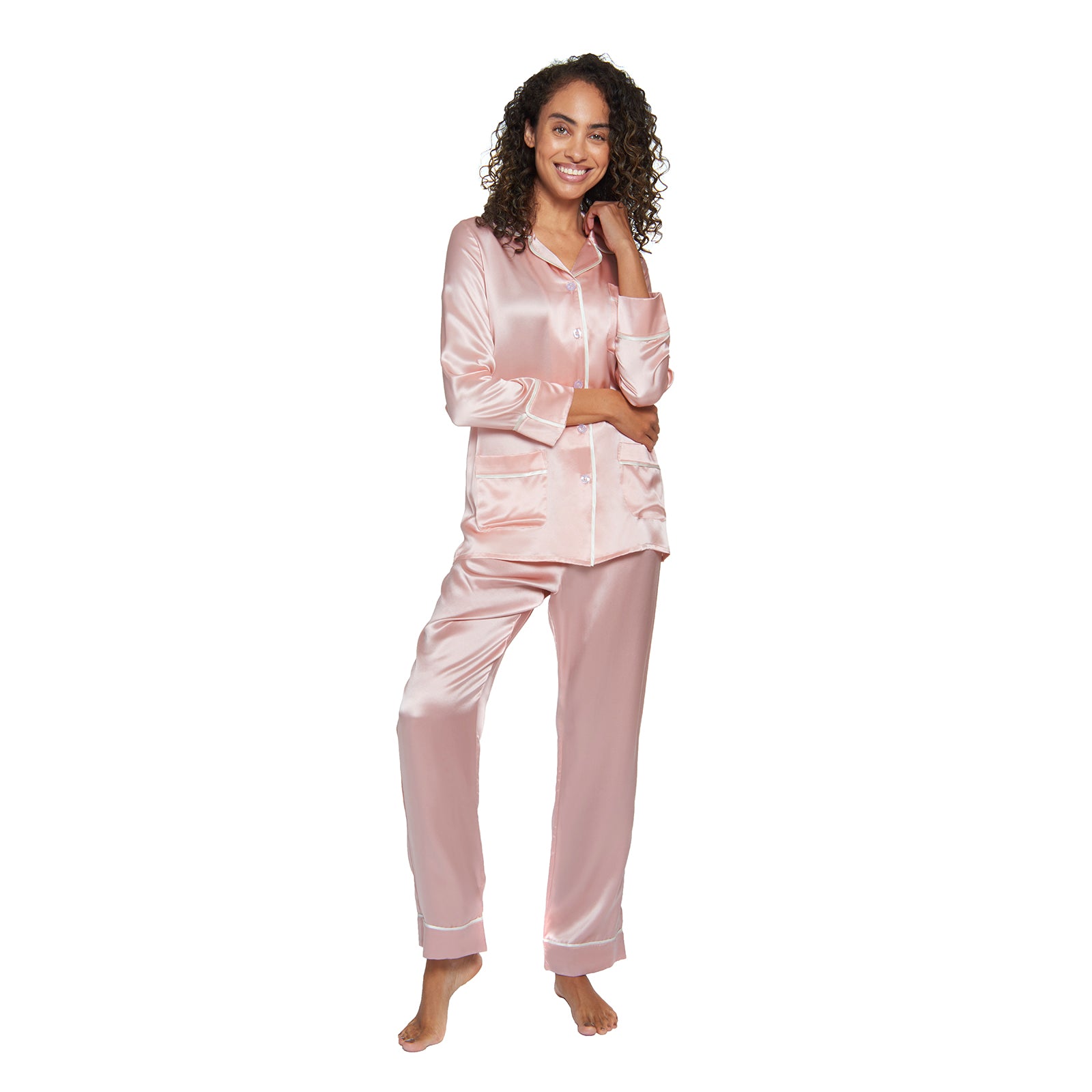 Silk Classic Long Pajama Set with Contrast Piping (22 Momme) - MYK Silk #size_b