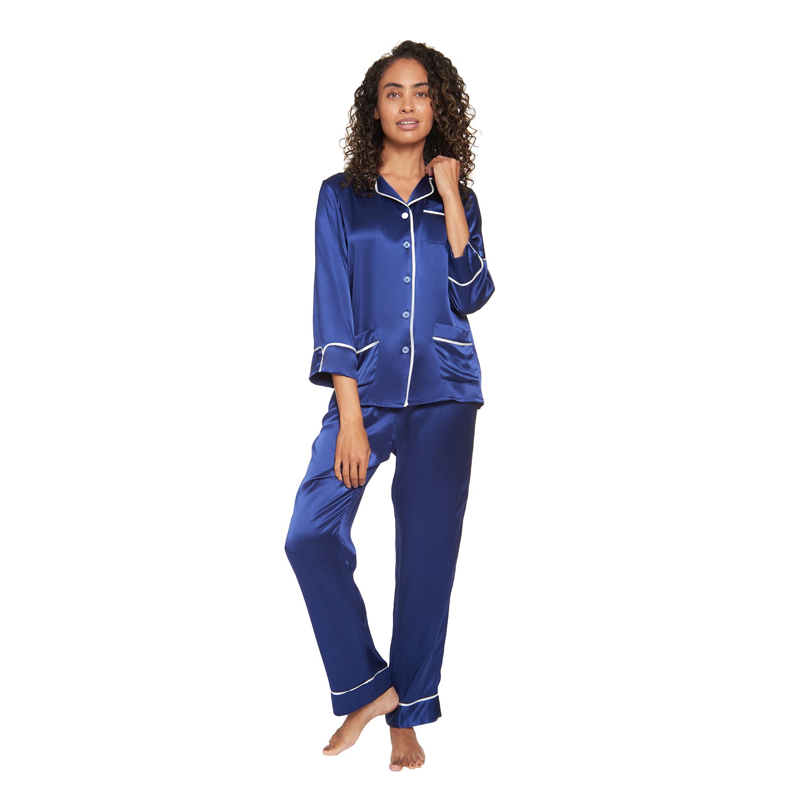 Silk Classic Long Pajama Set with Contrast Piping (22 Momme) - MYK Silk #size_b