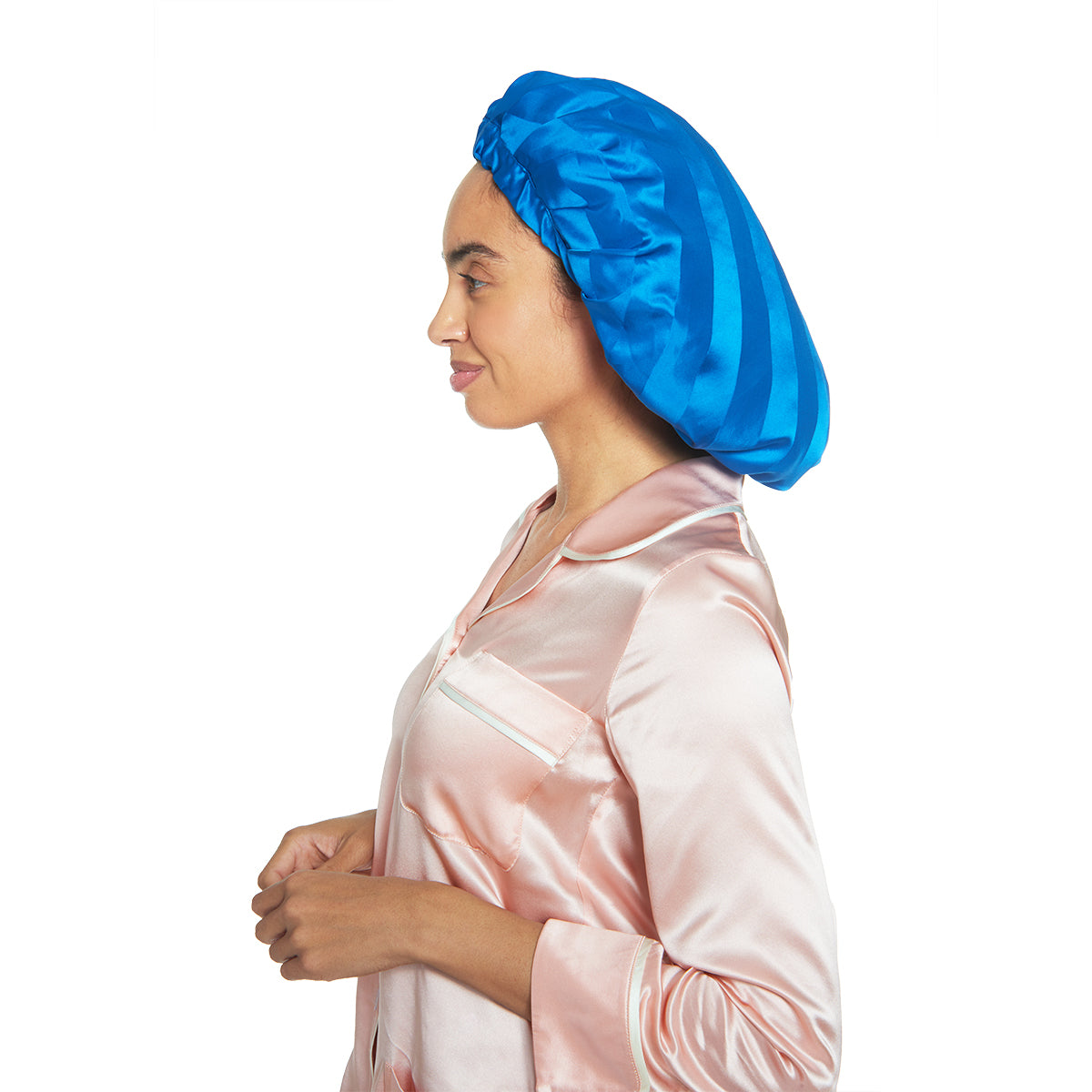 Silk Night Sleeping Cap Bonnet with Comfort Elastic Band - MYK Silk #color_dark blue stripes