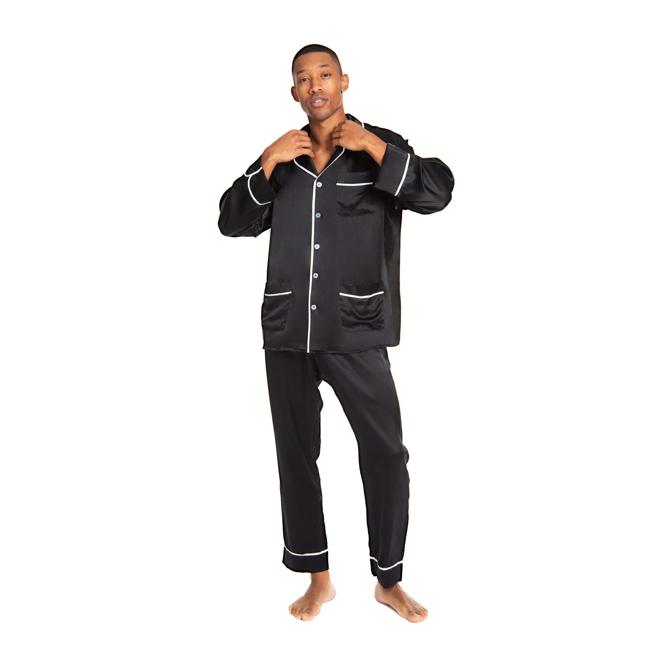 Men's Silk Classic Long Pajama Set with Contrast Piping (2022 Update)