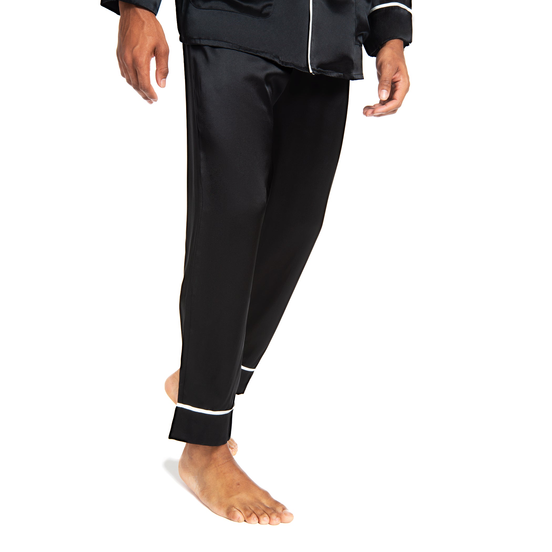 Men's Silk Classic Long Pajama Set with Contrast Piping (2022 Update) - MYK Silk #color_black