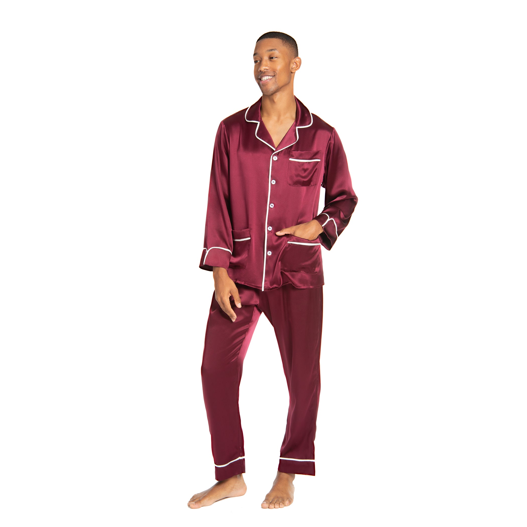 Men's Silk Classic Long Pajama Set with Contrast Piping (2022  Update)(Clearance)