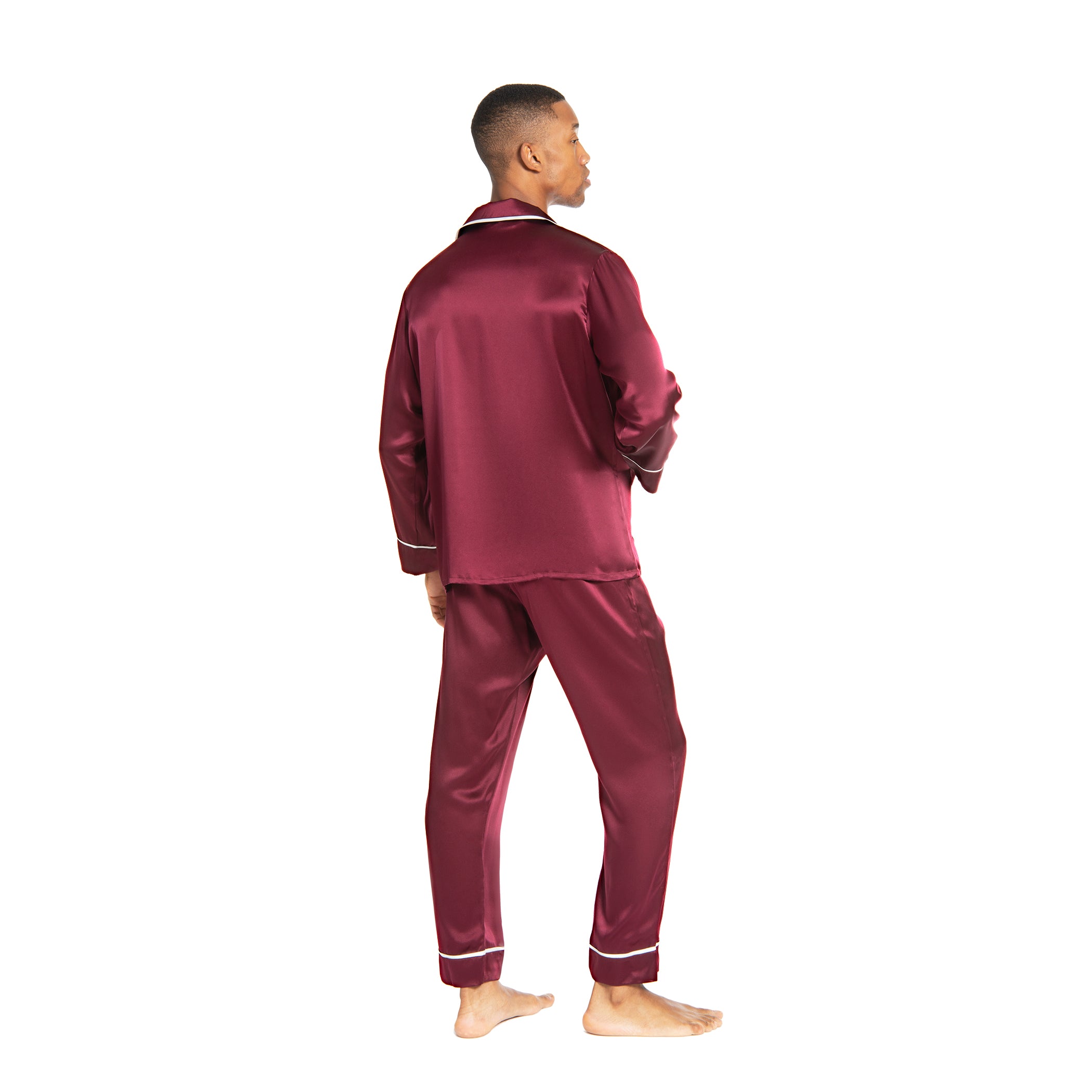 Men's Silk Classic Long Pajama Set with Contrast Piping (2022 Update) - MYK Silk #color_burgund