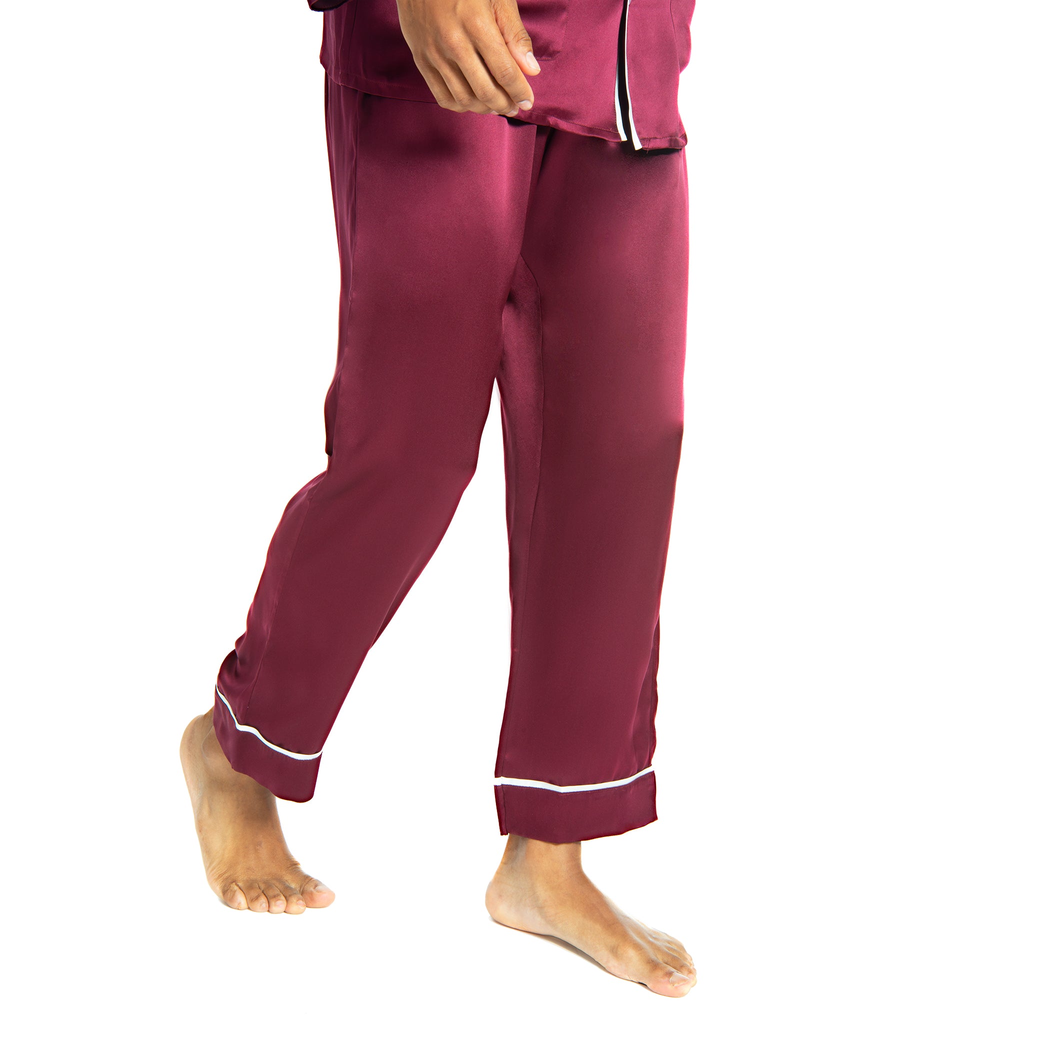 Men's Silk Classic Long Pajama Set with Contrast Piping (2022 Update) - MYK Silk #color_burgund