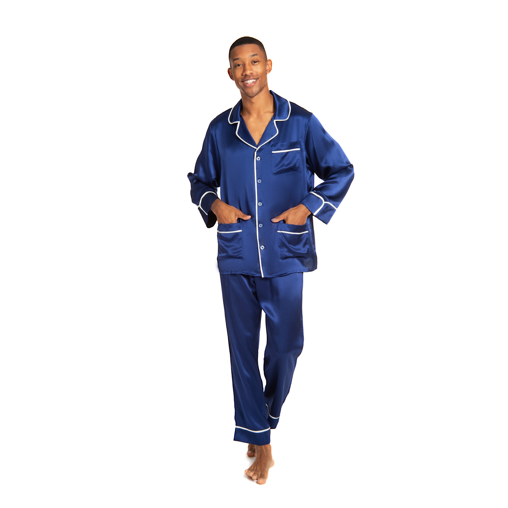 Men's Silk Classic Long Pajama Set with Contrast Piping (2022 Update) - MYK Silk #color_navy blue