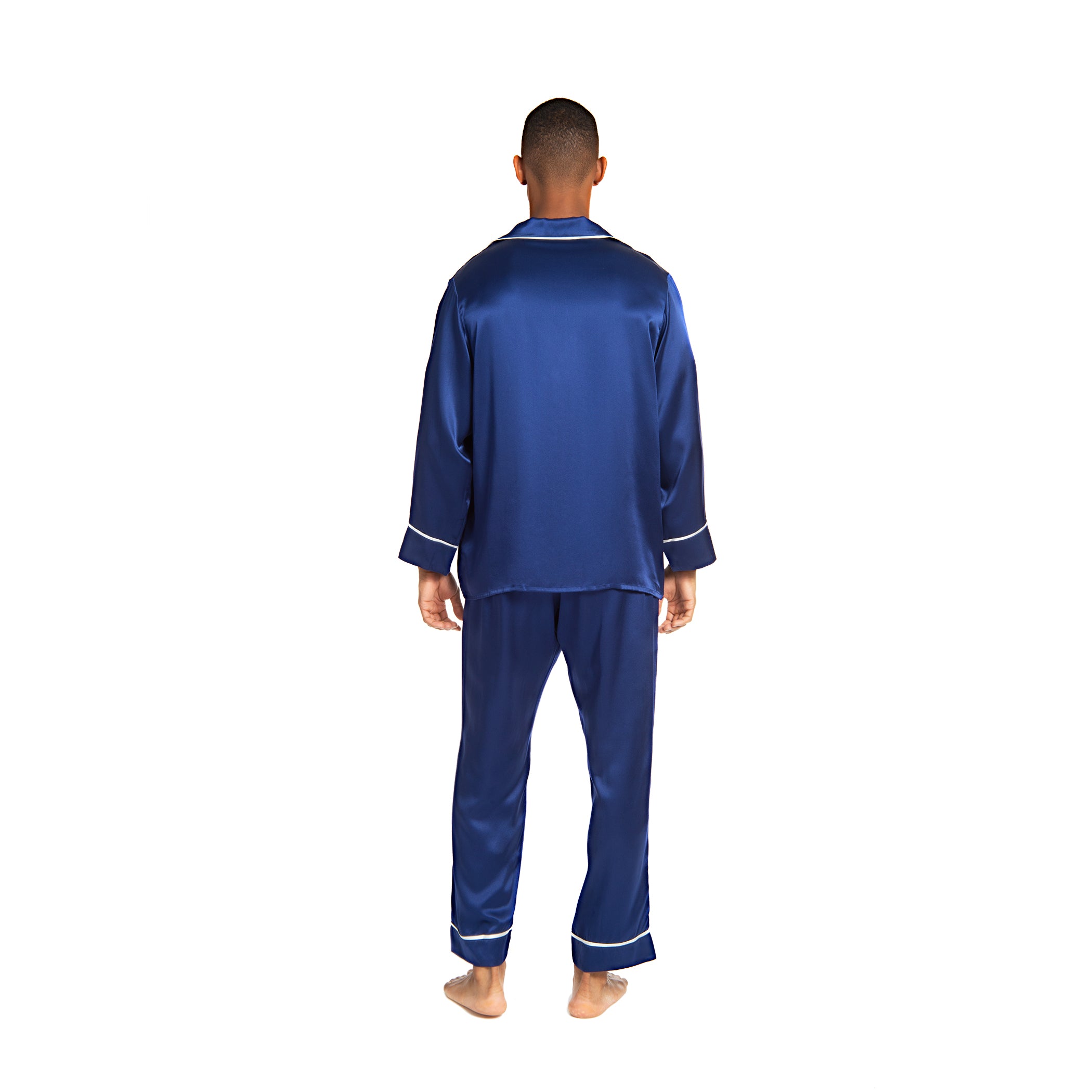 Men's Silk Classic Long Pajama Set with Contrast Piping (2022 Update) - MYK Silk #color_ blue