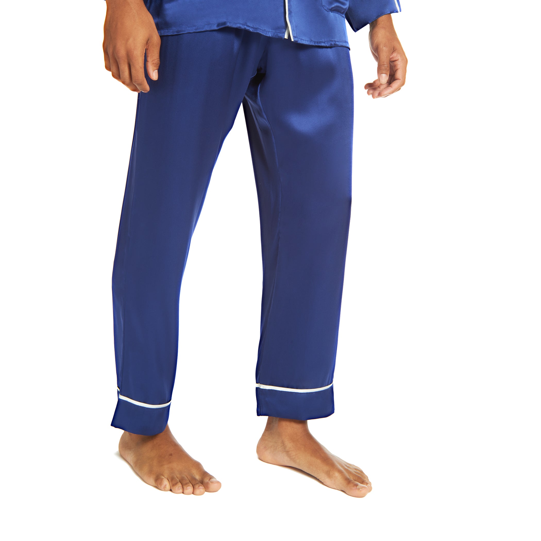Men's Silk Classic Long Pajama Set with Contrast Piping (2022 Update) - MYK Silk #color_navyblue