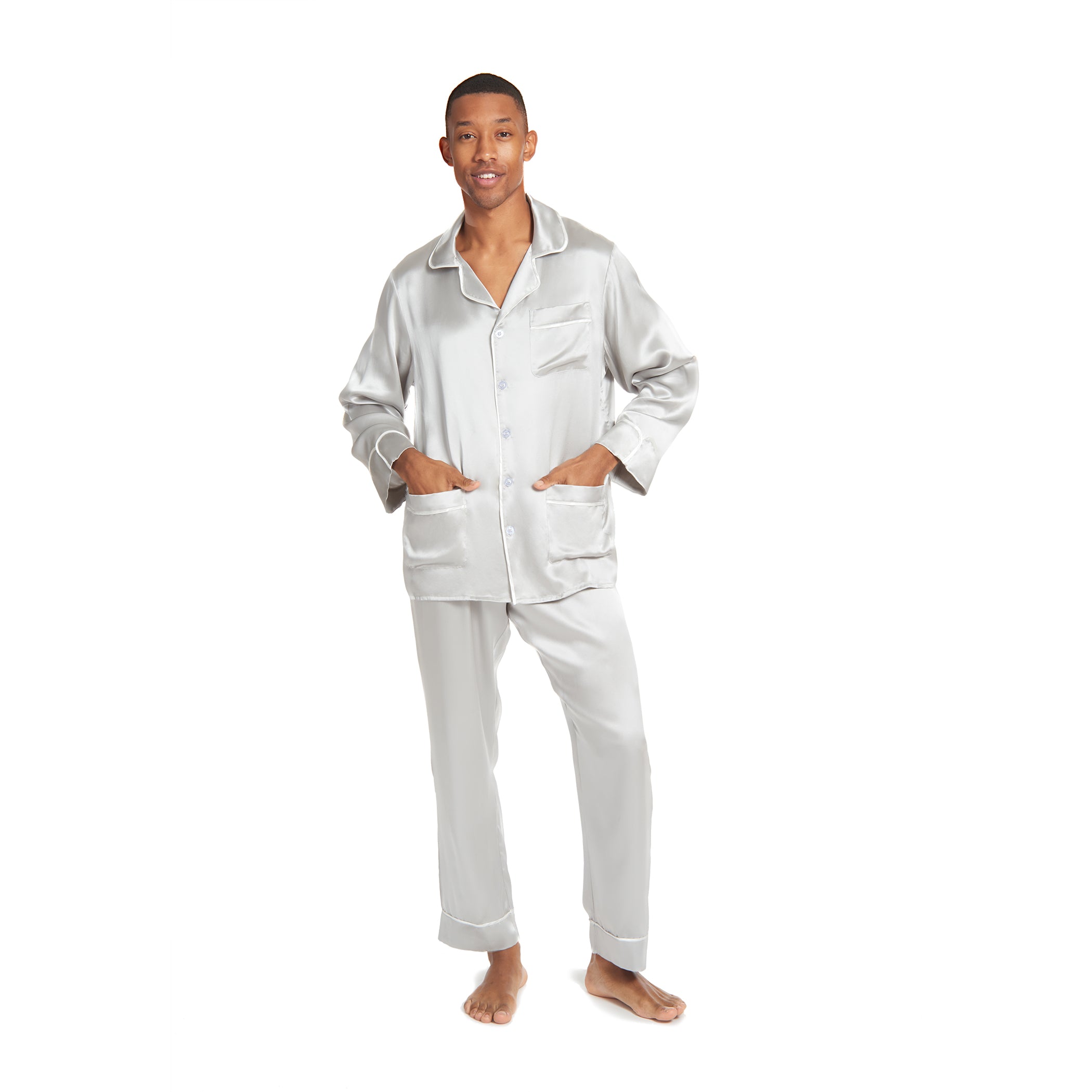 Men's Silk Classic Long Pajama Set with Contrast Piping (2022 Update) - MYK Silk #color_french grey