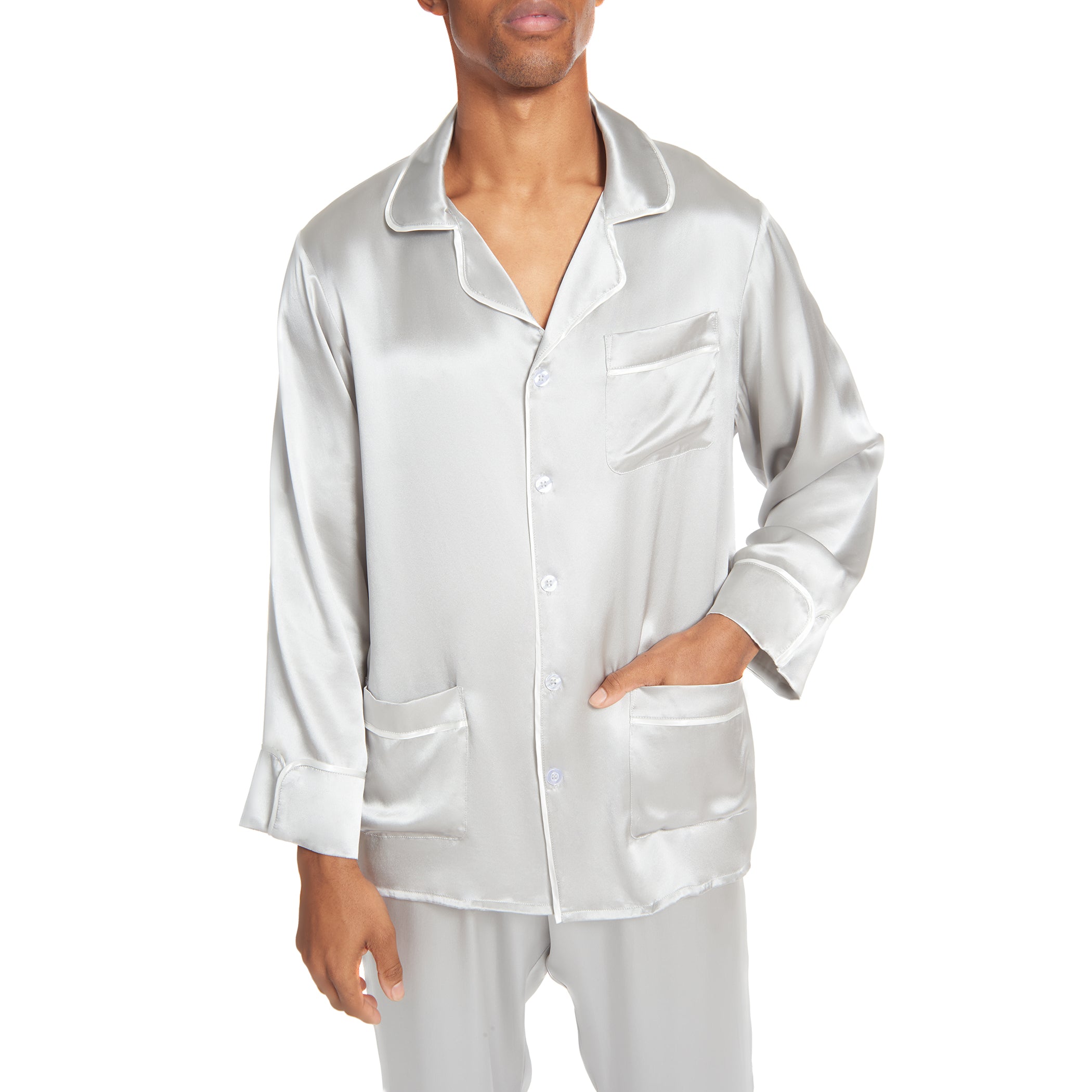 Men's Silk Classic Long Pajama Set with Contrast Piping (2022 Update) - MYK Silk #color_french gre