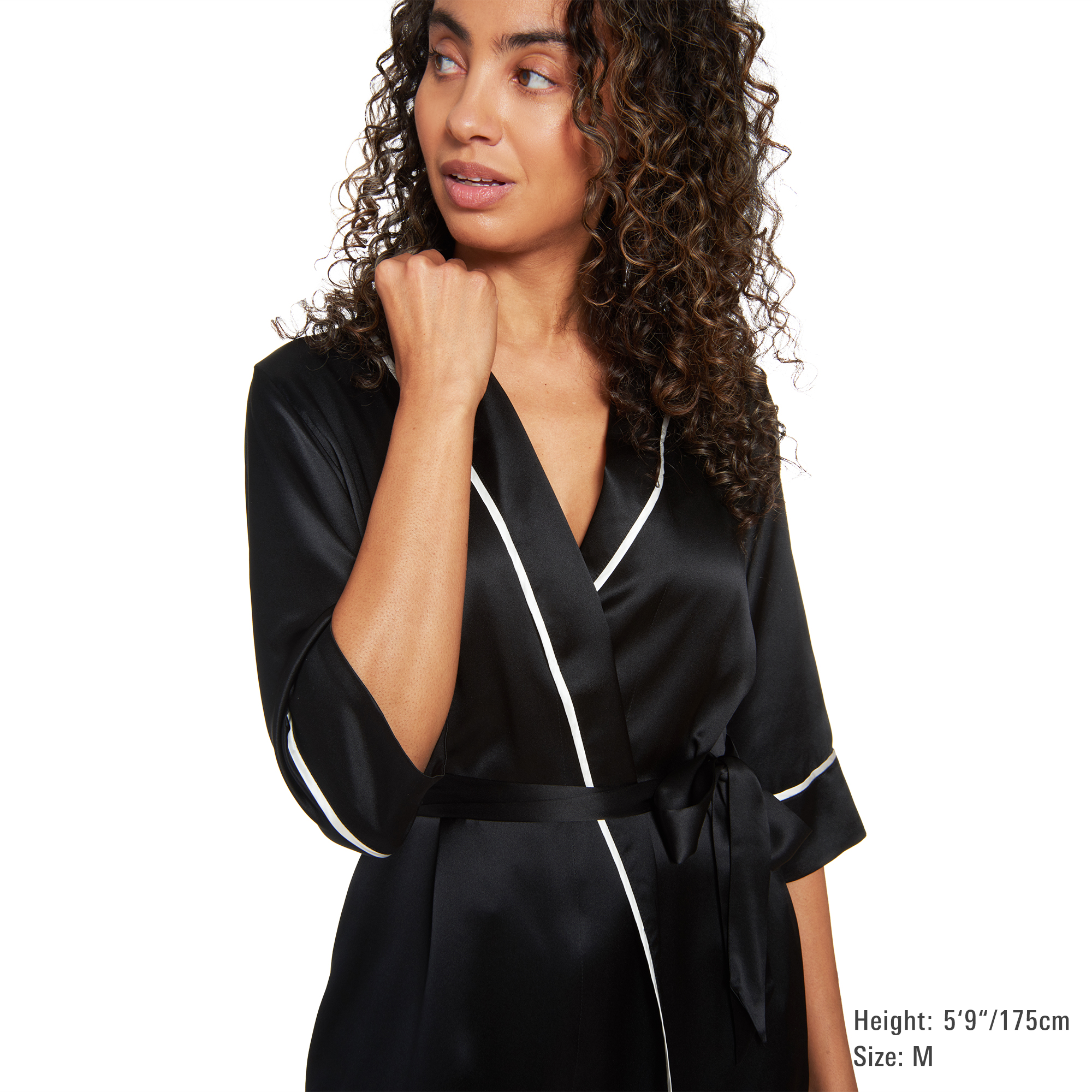 Classic Silk Robe with Contrast Piping - MYK Silk #style_shawl collar #color_midnight black