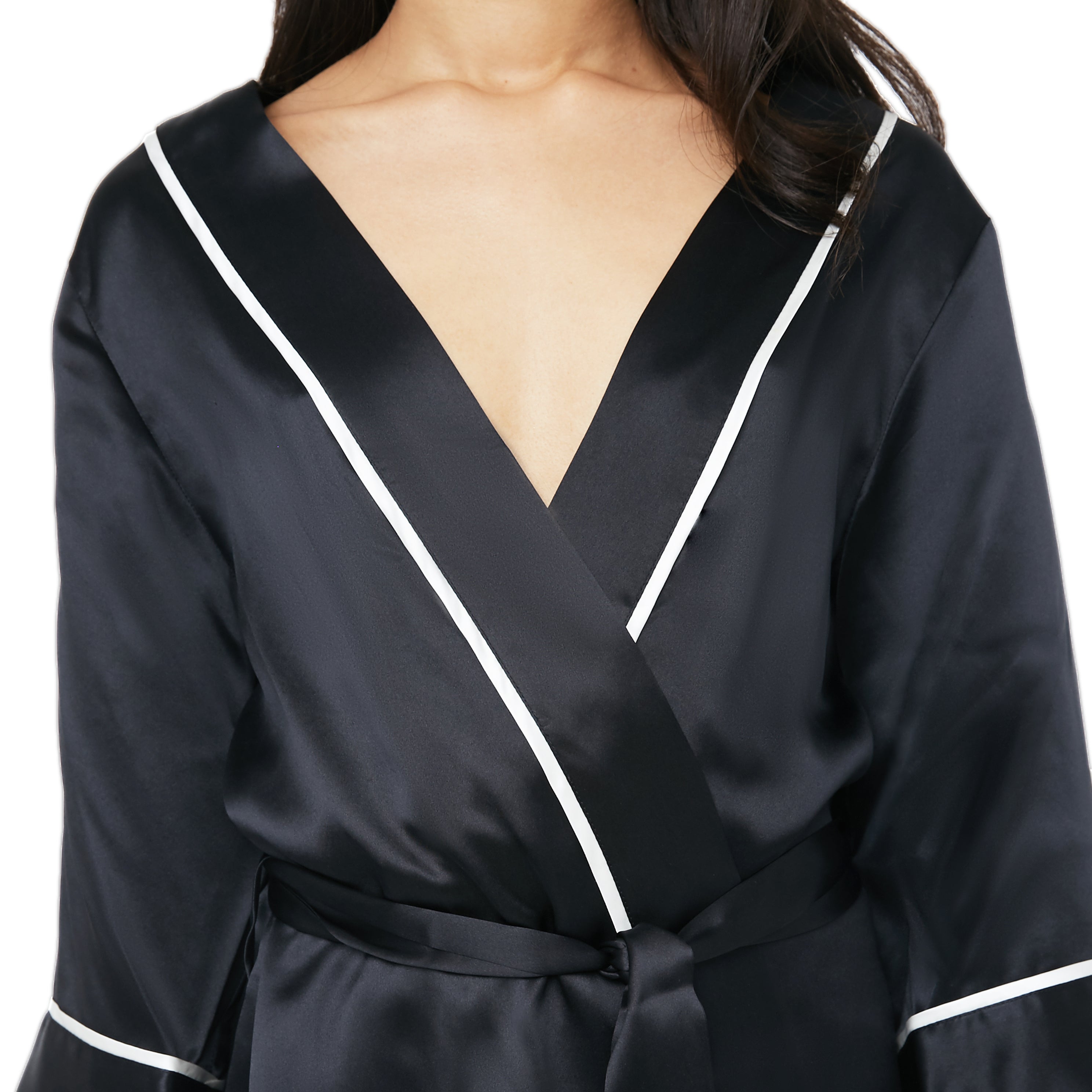 Classic Silk Robe with Contrast Piping - MYK Silk #style_kimono style #color_midnight black
