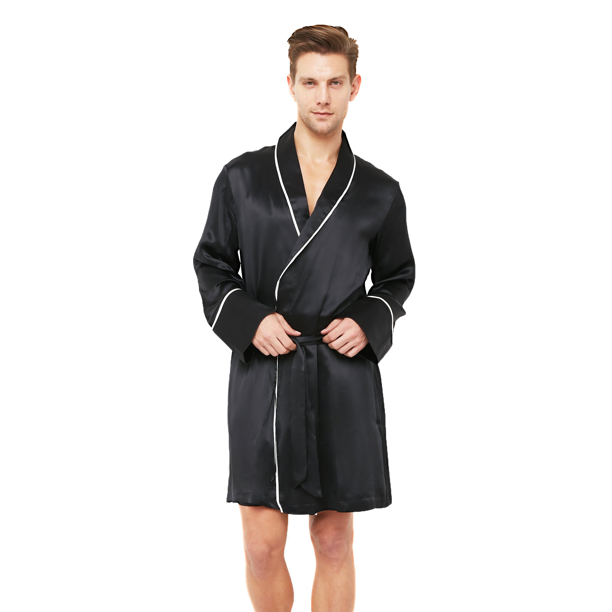 Classic Silk Robe with Shawl Collar Contrast Piping (22 Momme) - MYK Silk #color_black