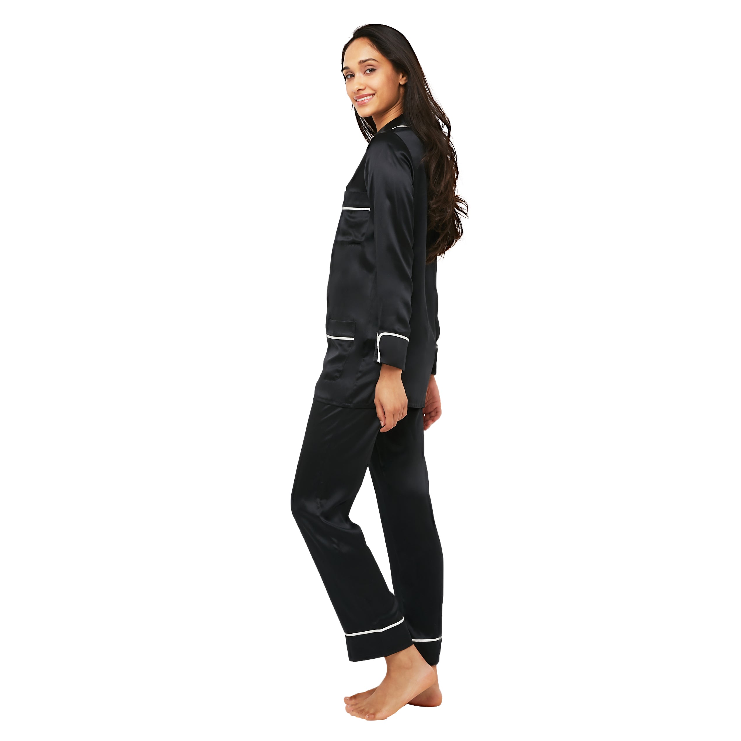 Silk Classic Long Pajama Set with Contrast Piping (22 Momme) - MYK Silk #color_midnight black