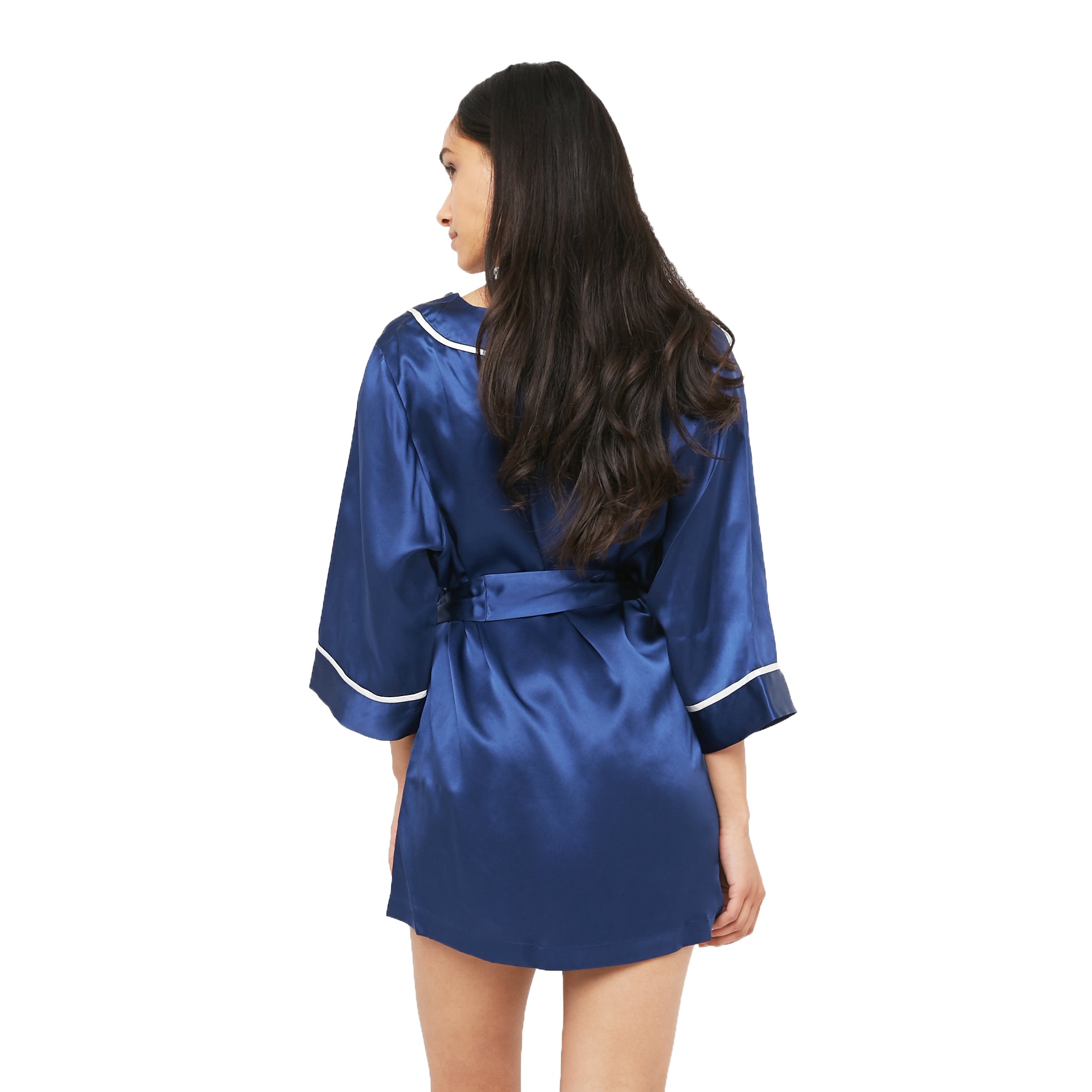 Classic Silk Robe with Contrast Piping - MYK Silk #style_kimono style #color_navy blue